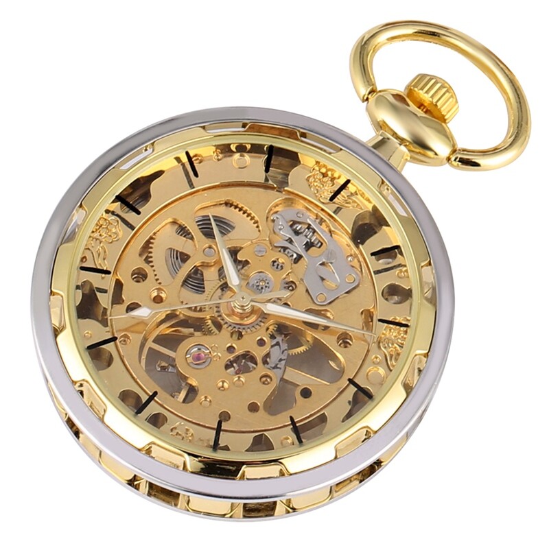 Men's Mechanical Pocket Watch Hand Winding Open Face Golden Pendant Chain Gifts