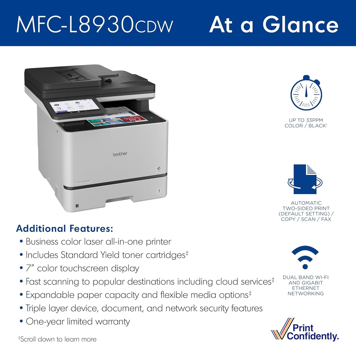 Brother MFCL8930CDW Color Laser All-in-One Printer W/ Advanced Security Features