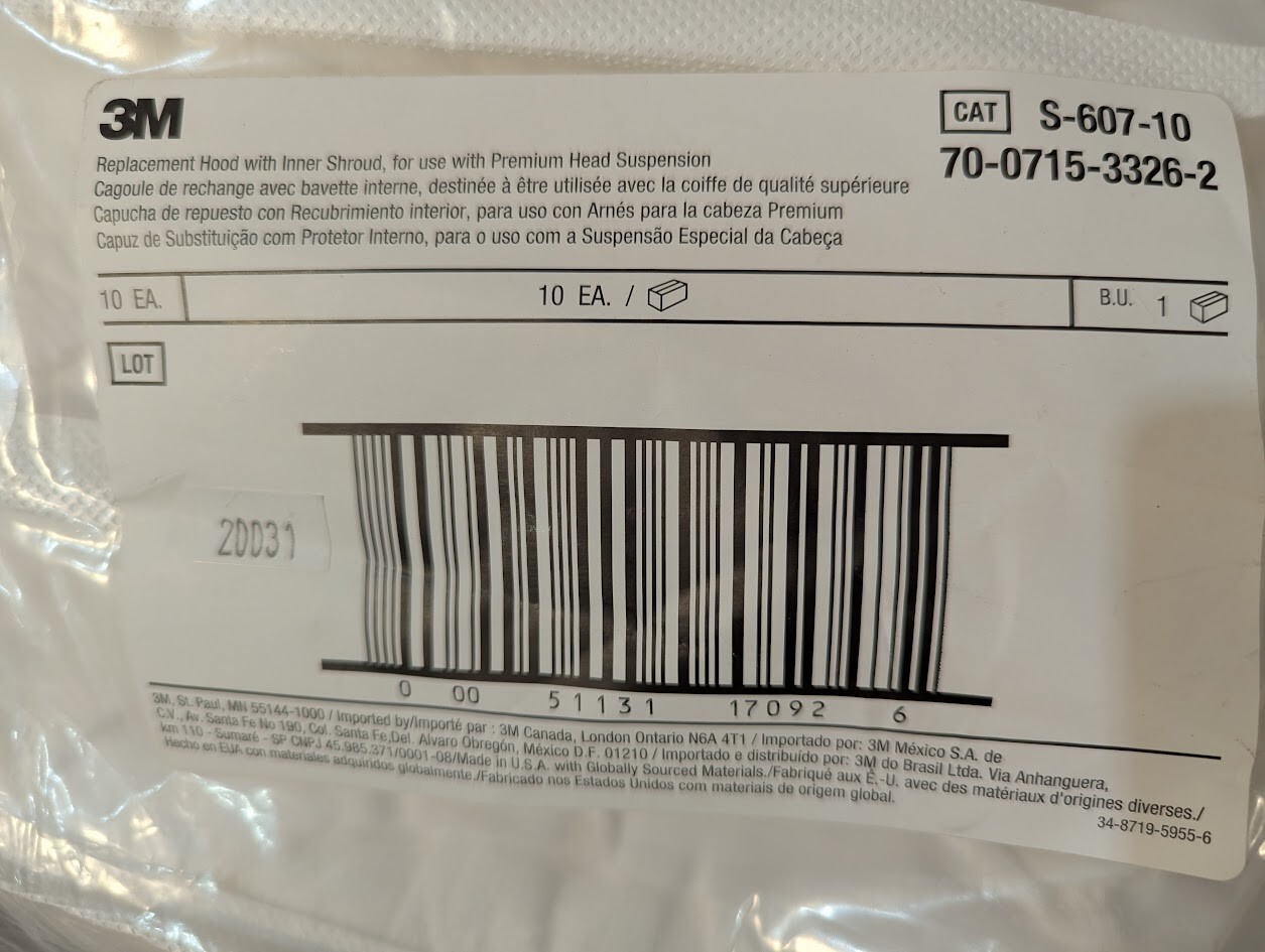 Pack Of 10! 3M™ Versaflo S-607-10 Replacement Hood with Inner Shroud