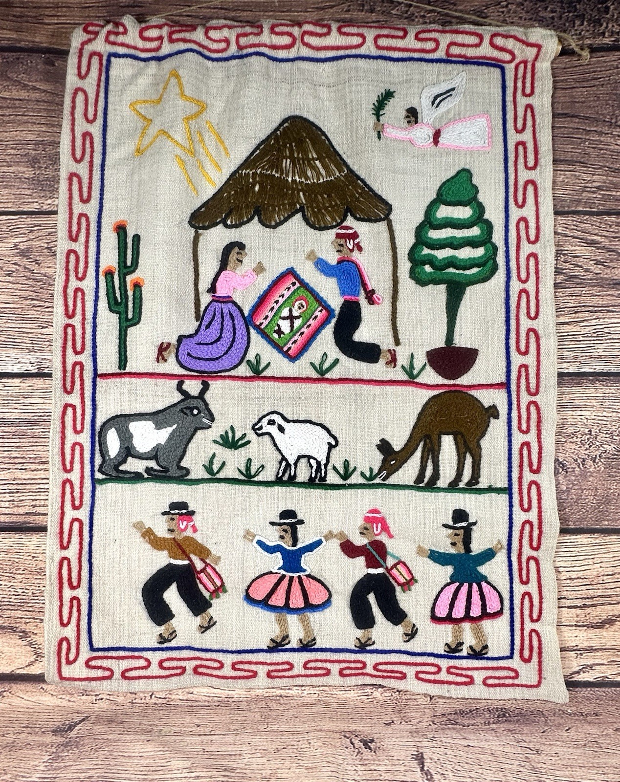 Vintage Peruvian Alpaca Handmade Hanging Tapestry Textile Embroidery Nativity
