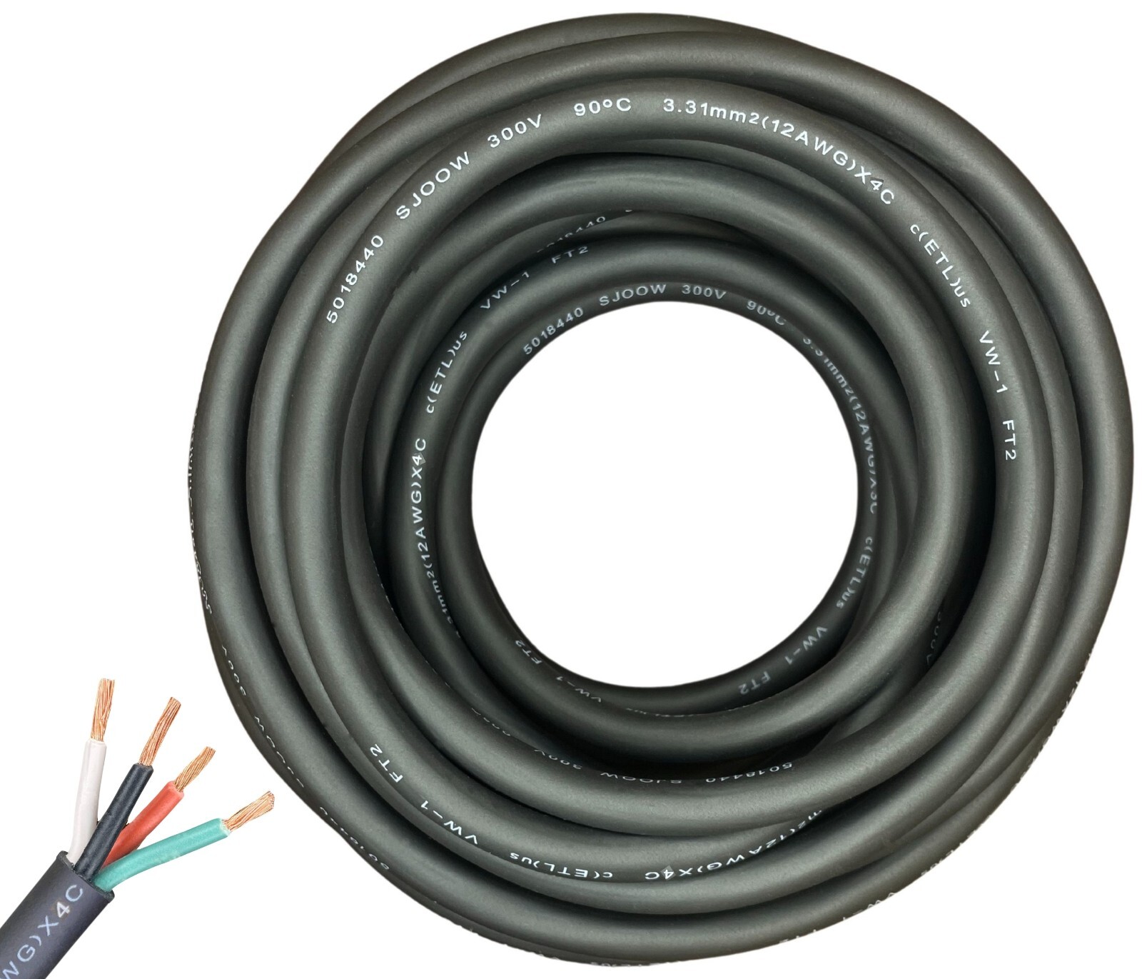 WindyNation 12/4 12 AWG 4 Conductor SJOOW Cable Cord Wire 300V Portable Power