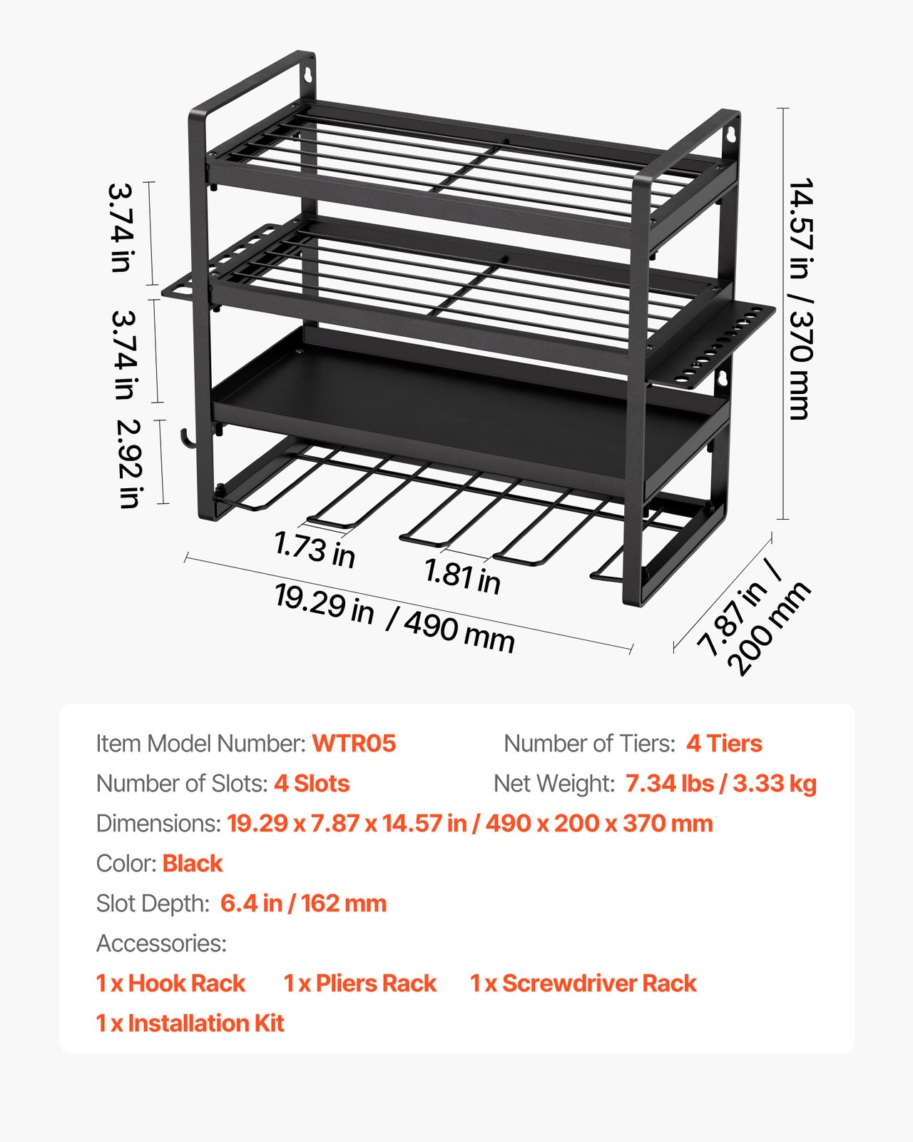 VEVOR Power Tool Organizer Wall Mount 4-Layer Drill Storage Rack 4 Drill Holders