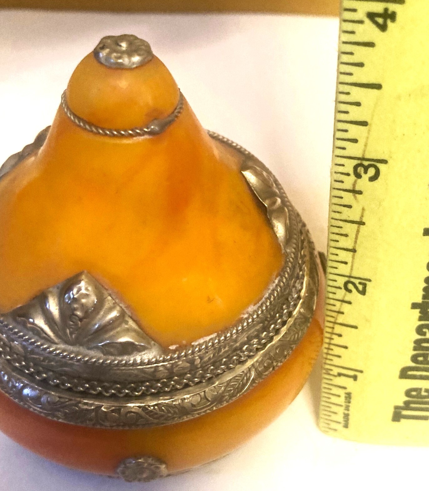 Vtg Handmade Moroccan Yellow Berber Amber Resin & Silver Trinket Jar/ Bangle 3"