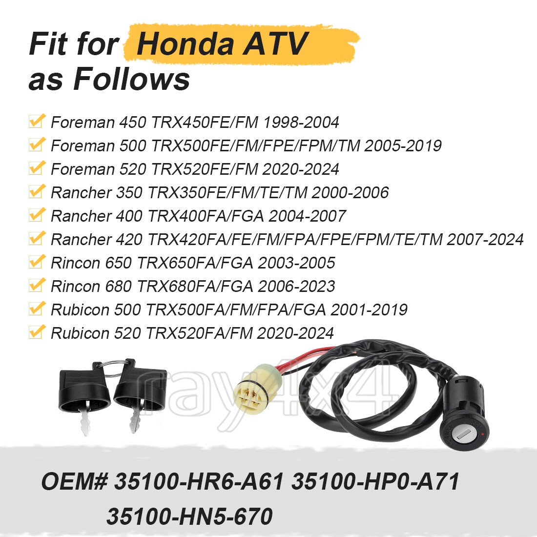 Ignition Key Switch For Honda Foreman 500 TRX500FM/FM/FPE/FPM/TM 2005 - 2019