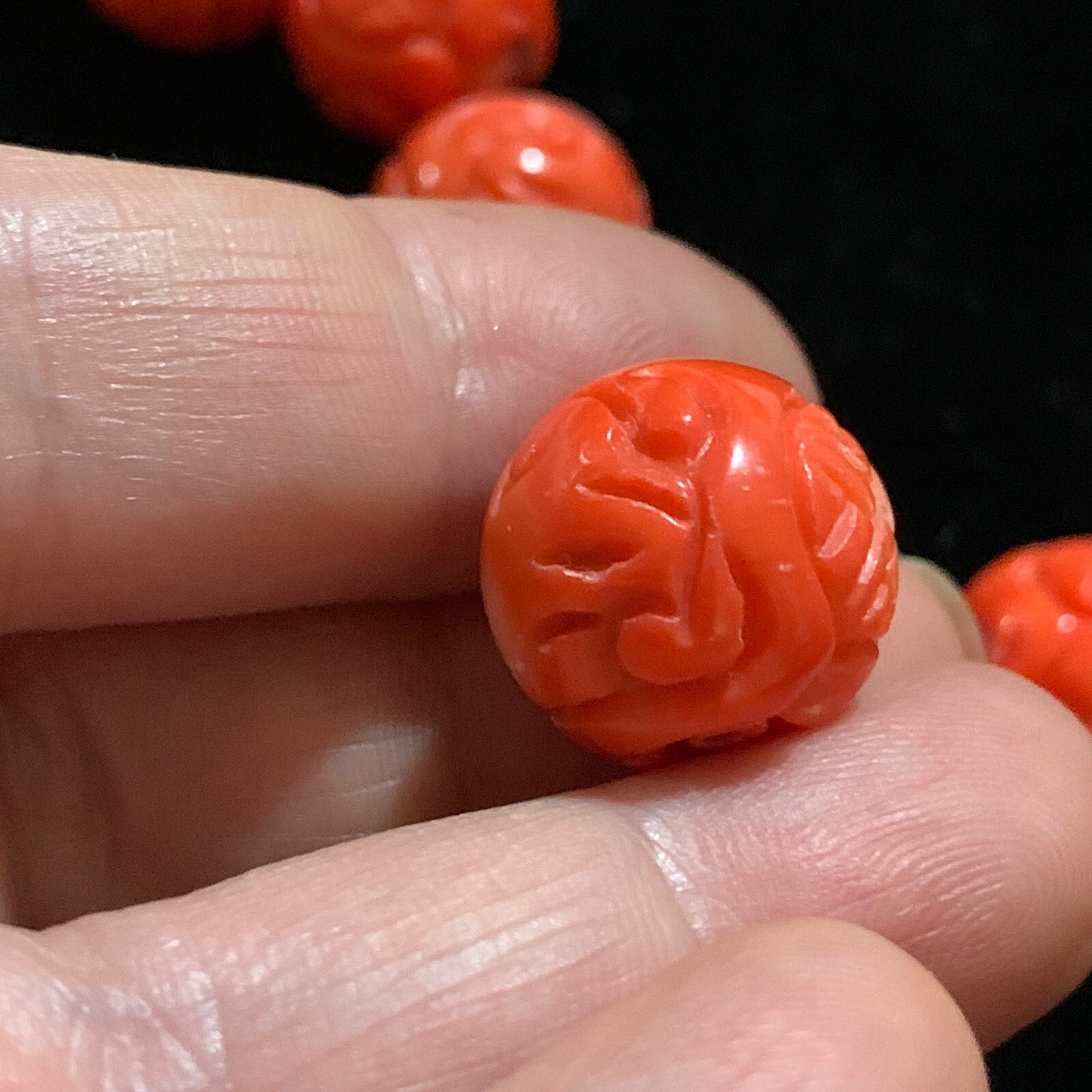 ONE Vintage Carved Chinese Bead Natural Coral Double Shou Round Detailed 15mm