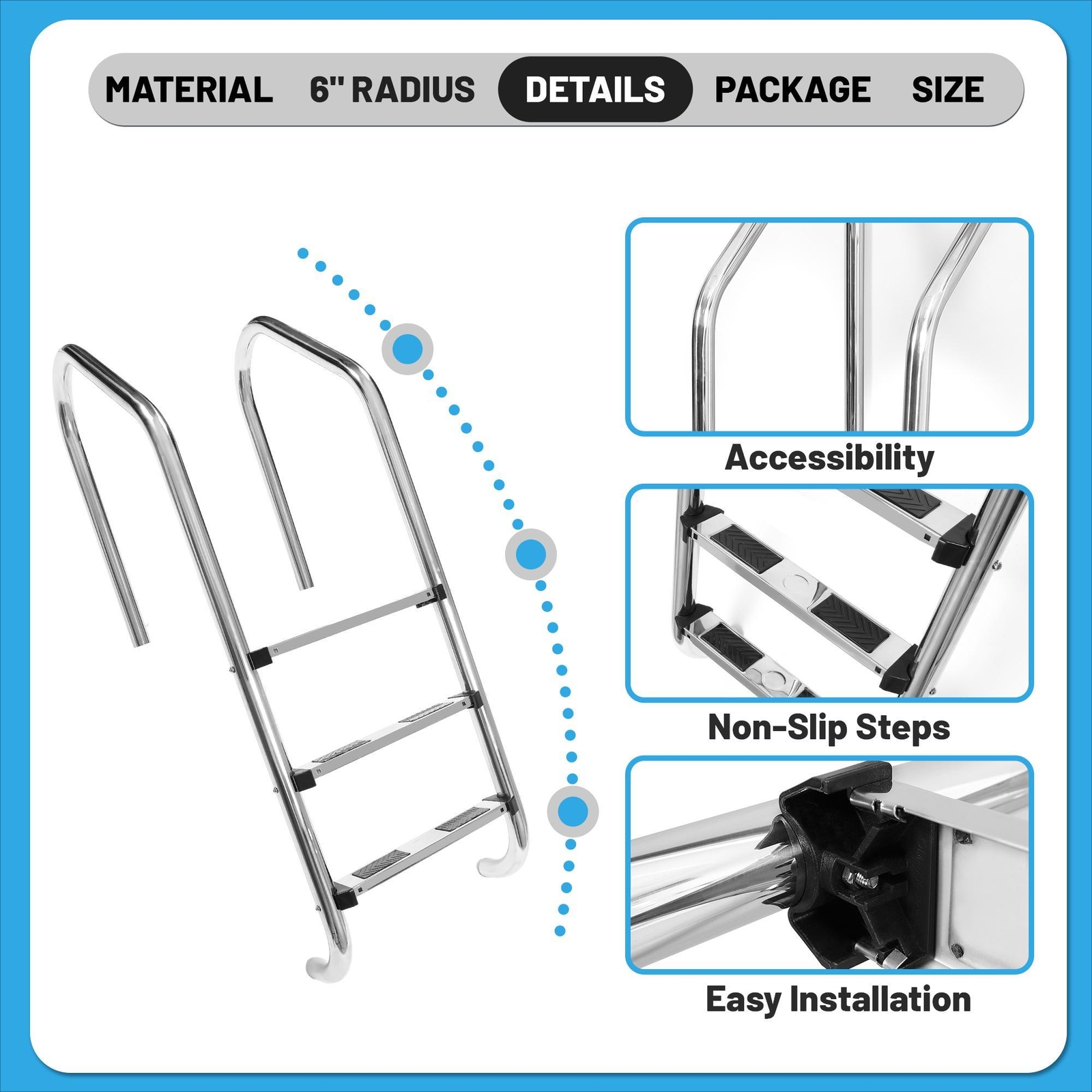 KOJEM Non-Slip 3-Step Stainless Steel Swimming Pool Ladder For In-Ground Pools