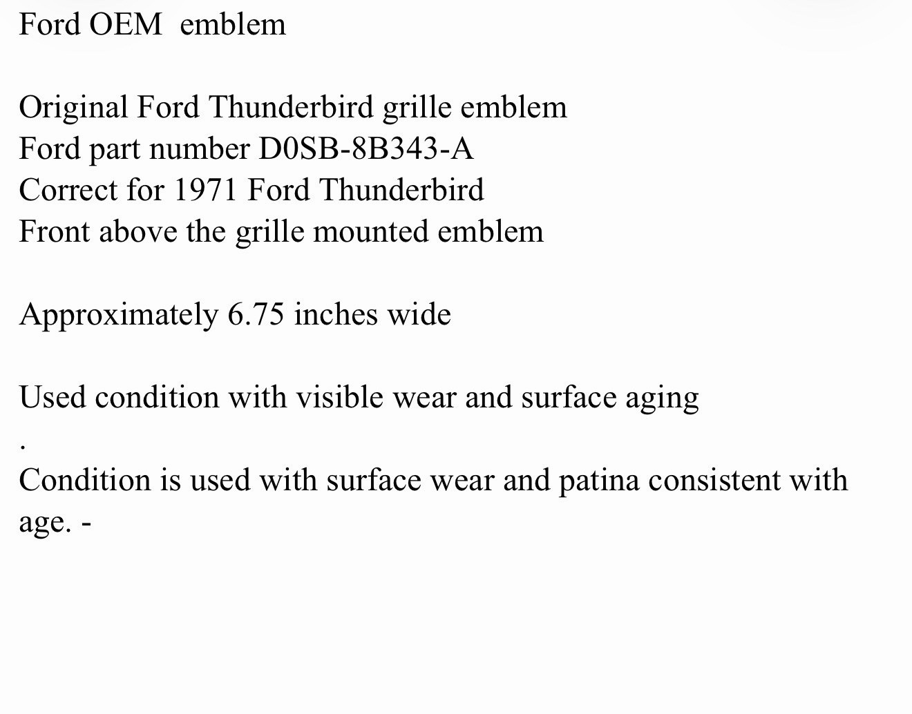1971 Ford Thunderbird Front Above Grille Emblem 6.75” OEM Bird D0SB-8B343-A
