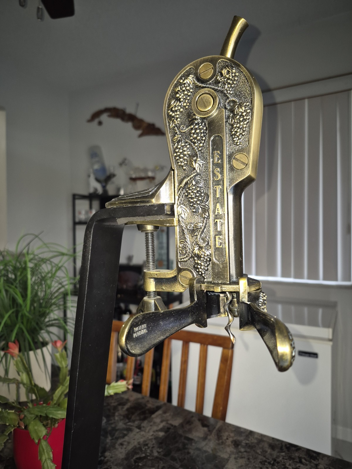 Estate Wine Bottle Corker Table Mount Brass Corkscrew with Wooden Base