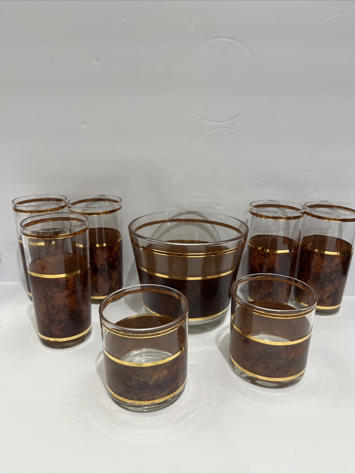 VTG Culver Tortoise Mid-century Set Of 2 rocks, 5 Tumbler Glasses, Ice Bucket