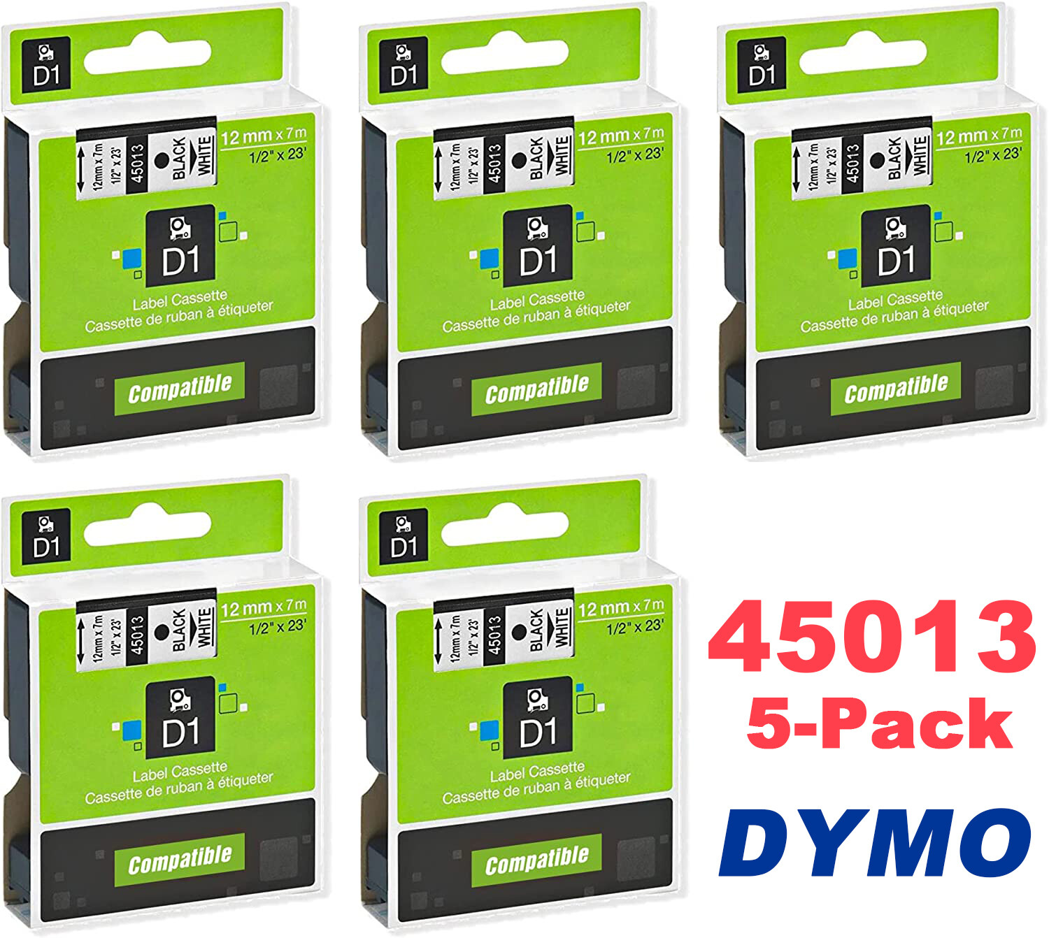 5x Dymo D1 Label Tape 45013 Black on White 1/2 Inch x 23 Feet Compatible product