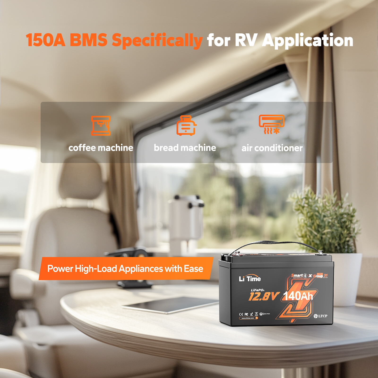 LiTime 12V 140Ah Bluetooth Group31 LiFePO4 Lithium Battery 1920W For RV Marine