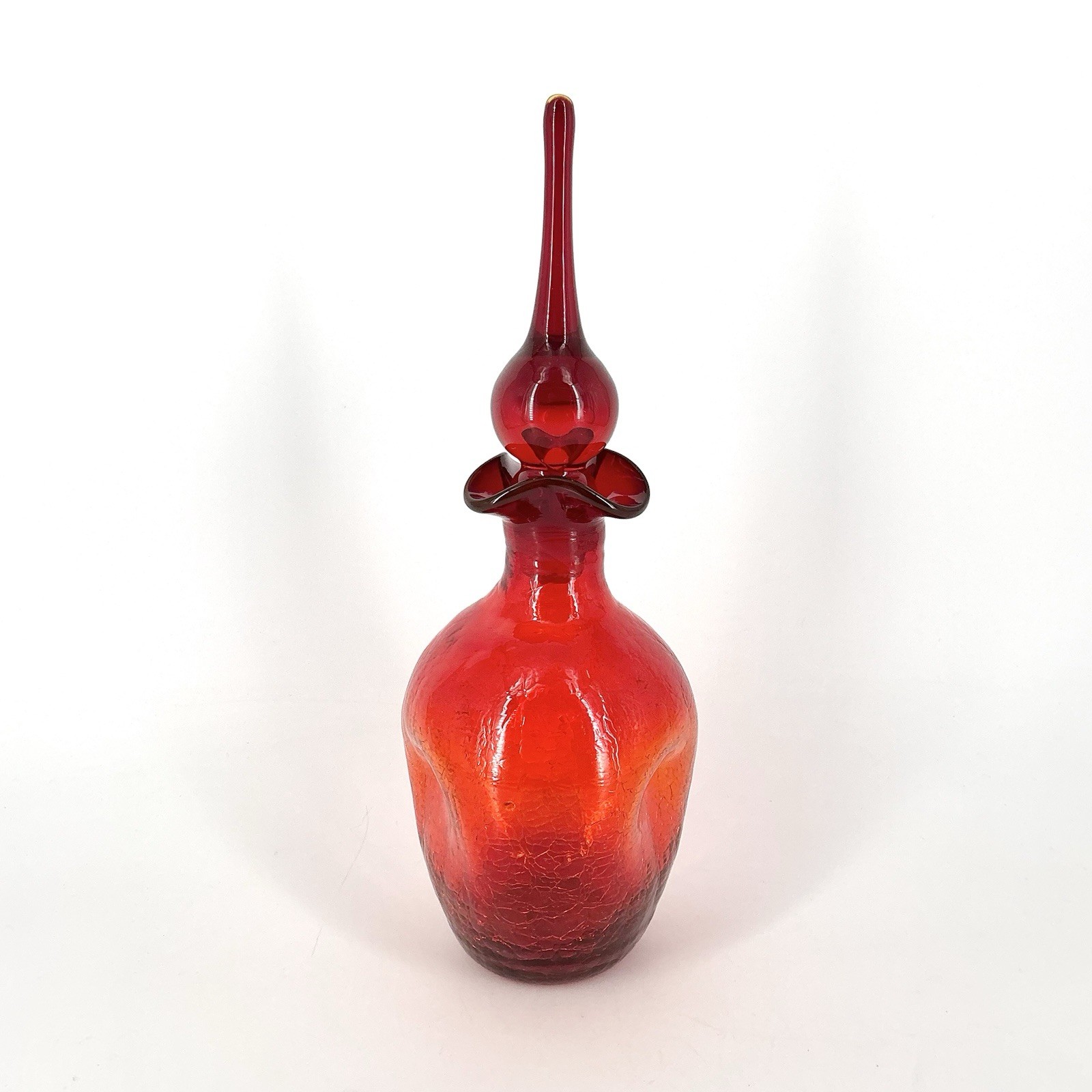 Vintage Rainbow Crackle Glass Decanter With Flame Stopper Pinched Amberina Red