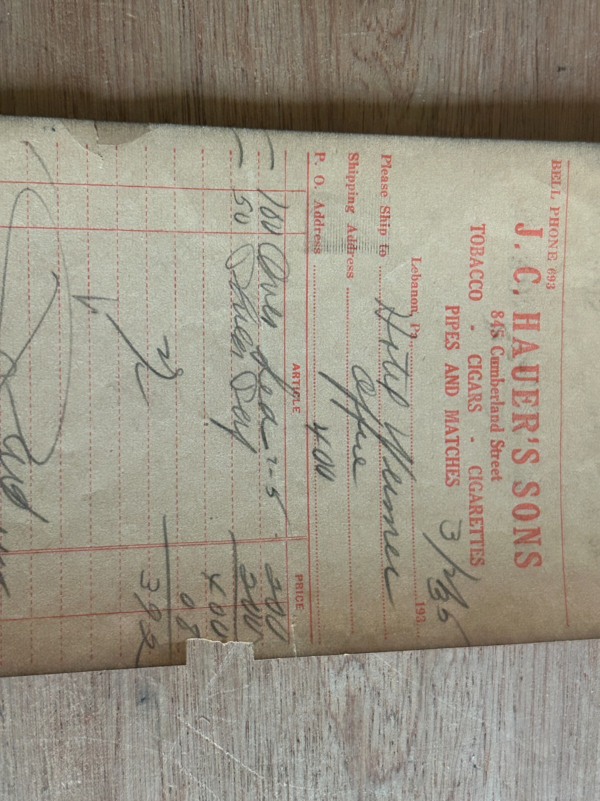 1935 Tobacco Cigar Invoice Billhead JC Hauer's Sons Hotel Weimer Vtg Rough Poor