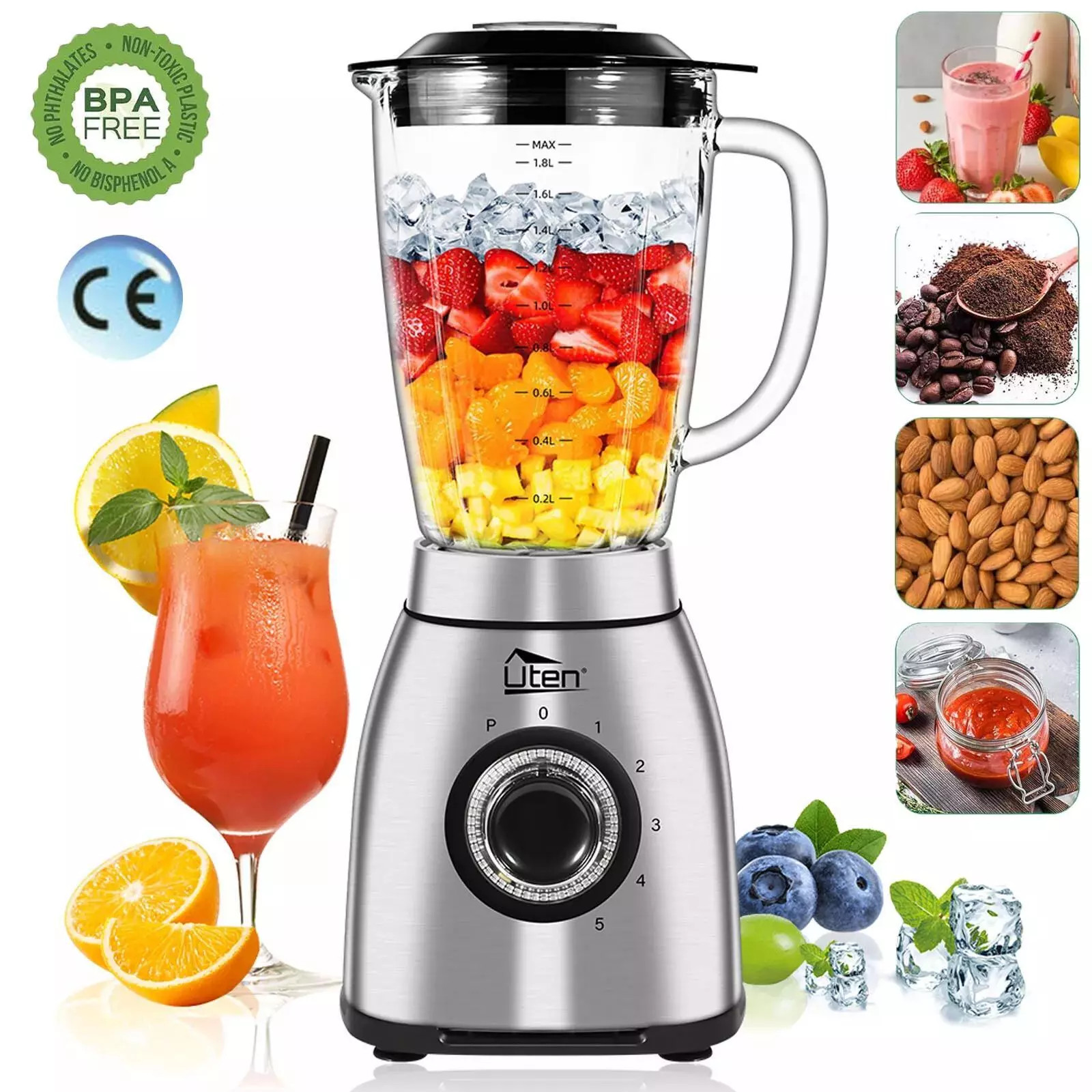 Blender Glass Stainless Steel 1800W Ice Crusher Smoothie Maker Universal Mixer