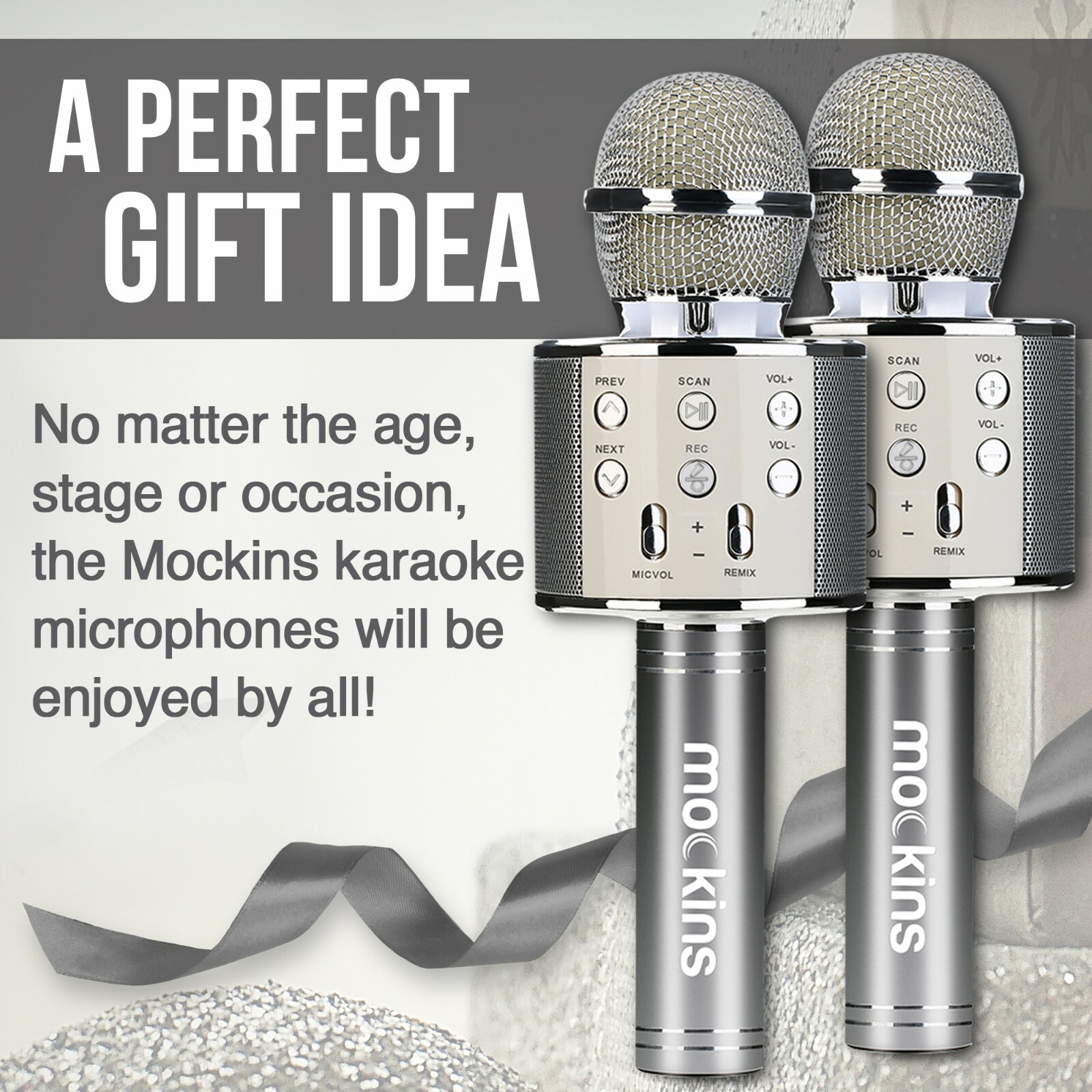 Mockins 2 Pack Silver Wireless Bluetooth KARAOKE MICROPHONE Holiday Gift, kids