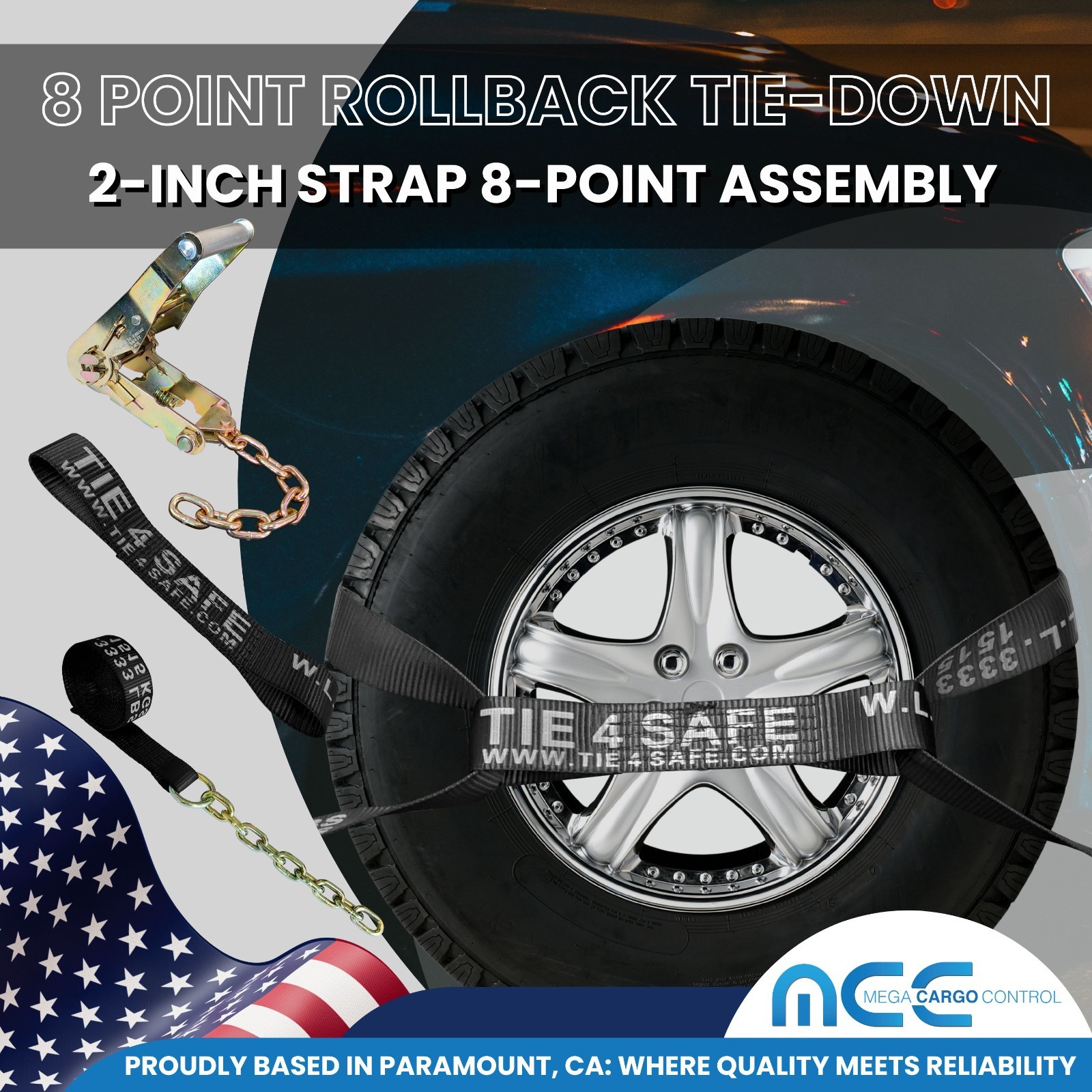 8 Point Rollback Tow Truck Tie Down Kit w/Chain End Towing USA Custom Made Black