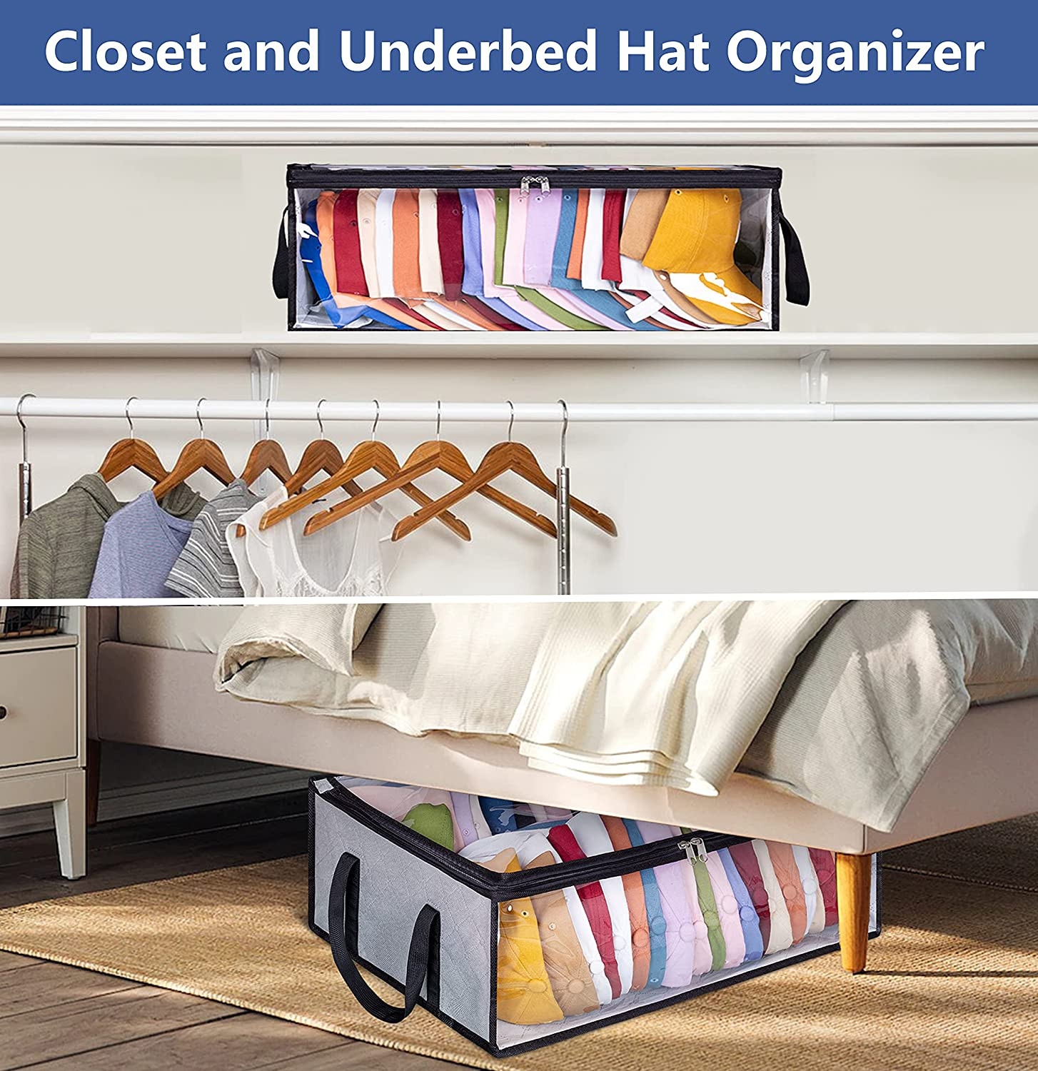 Large Baseball Cap Storage - Holds 40 Caps, Grey Hat Organizer