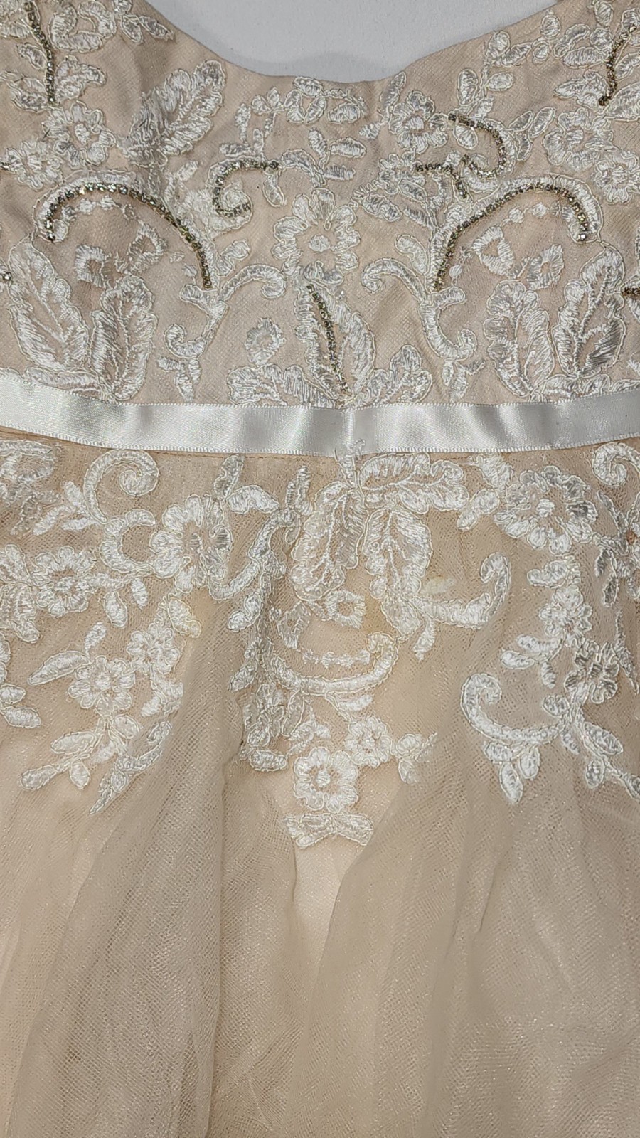 $180 Davids Bridal Ivory Floral Applique Spaghetti Strap Flower Girl Dress Sz 4