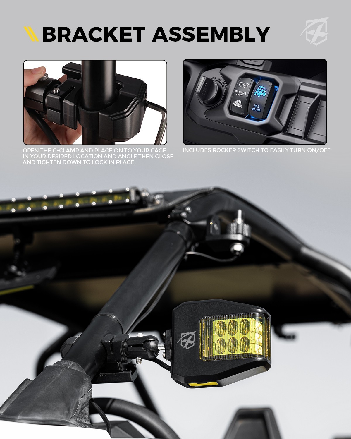 UTV Rear View Side Mirrors W/ Yellow Spot Puddle Lights for 1.75"-2" Roll Cage