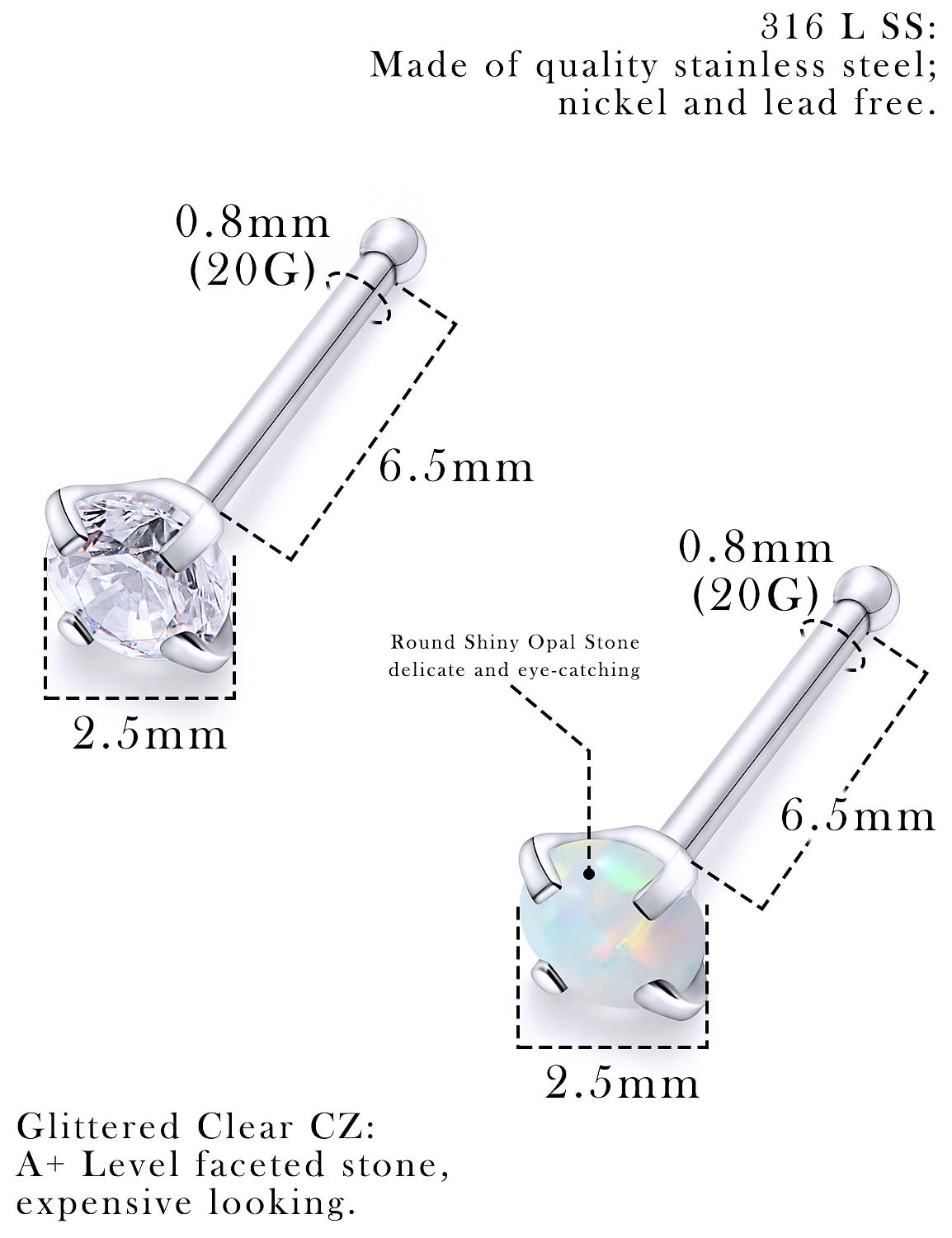 Leiainely Nose Rings Studs Piercings Jewelry for Women 3mm, 2mm, Bone