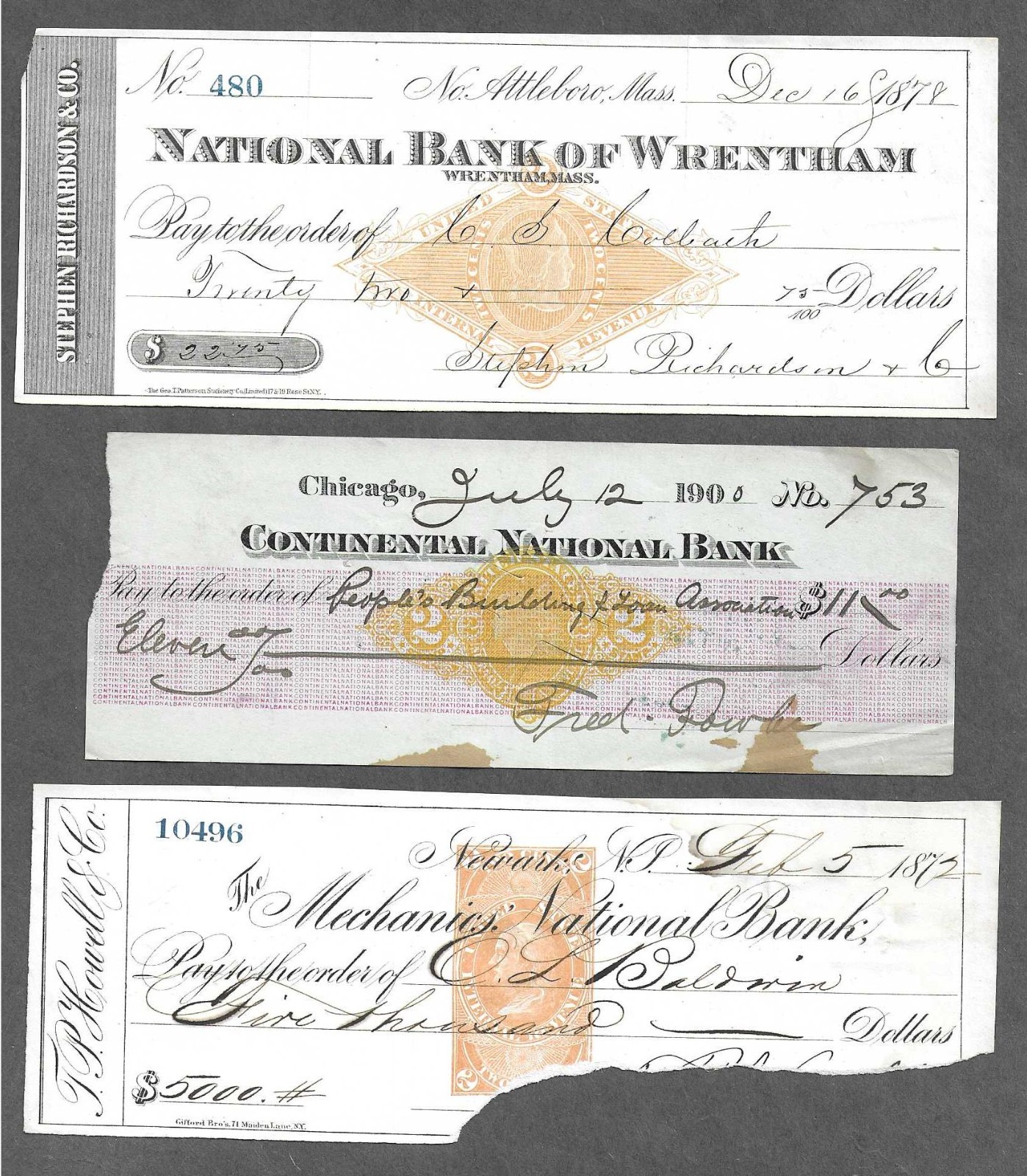 3 Bank Checks 1872-1900