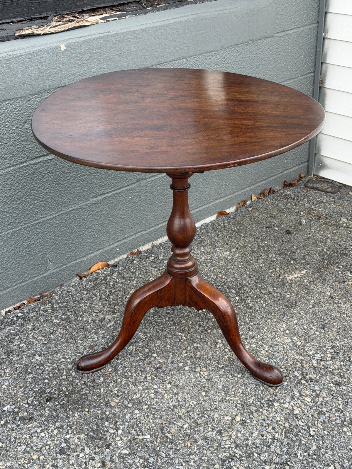 Antique walnut Queen Anne tea table 1760 18th birdcage tilt pad feet country