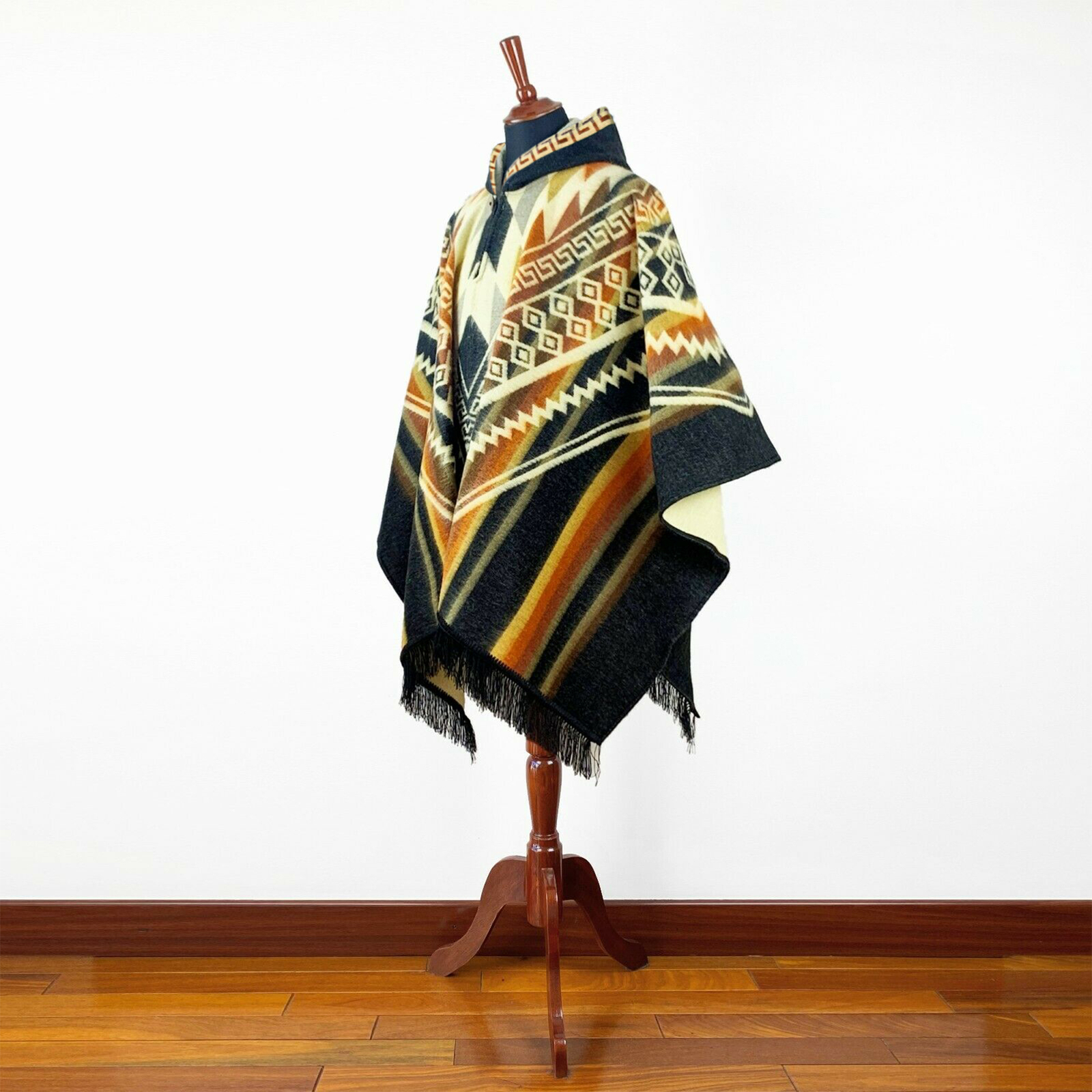 Alpaca wool Hooded Poncho Unisex Aztec pattern all seasons boho hippie XXL BLACK