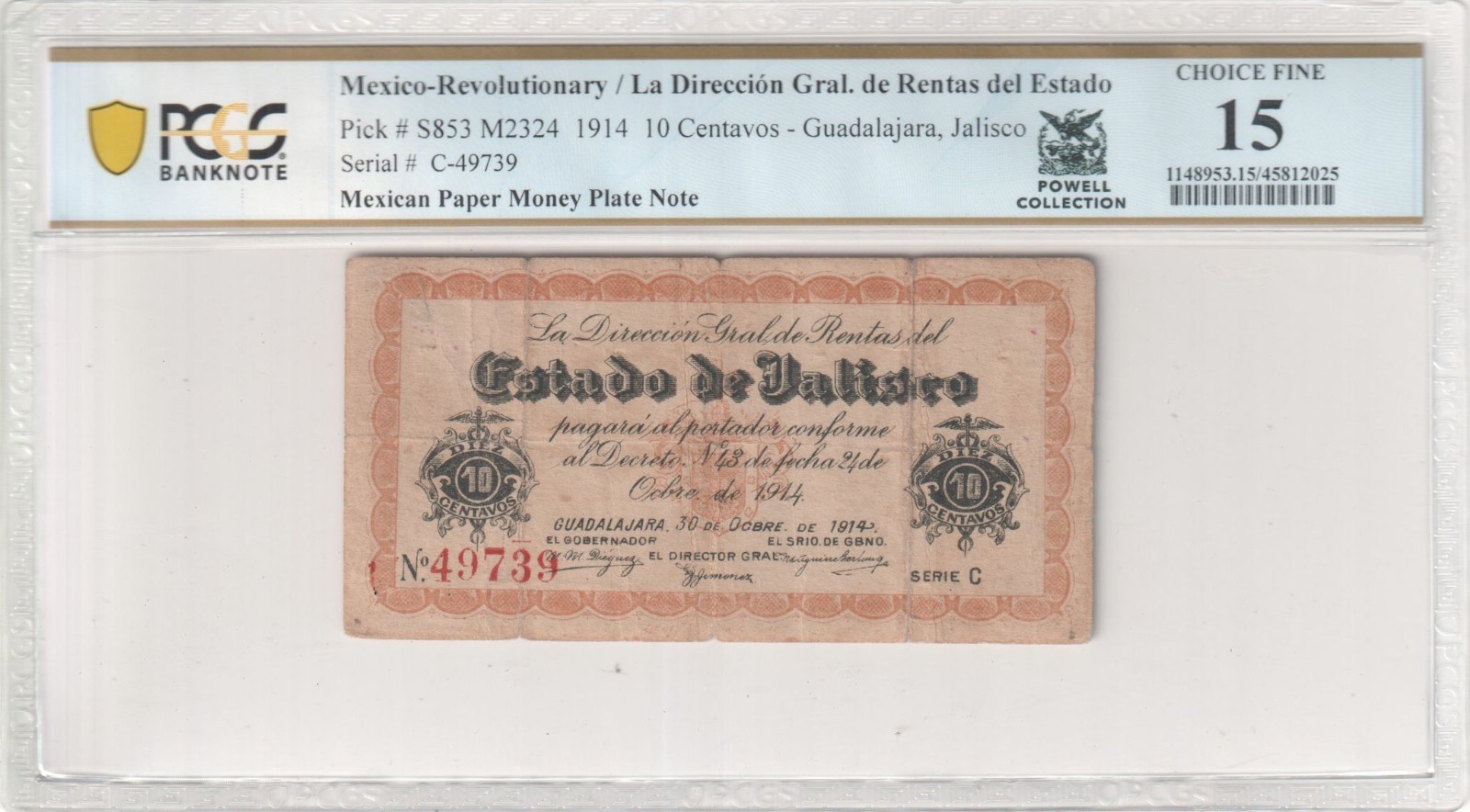 M2324 Mexico Revolution Jalisco 10 Centavos 1914 P S853 PCGS 15 MPM Plate Note