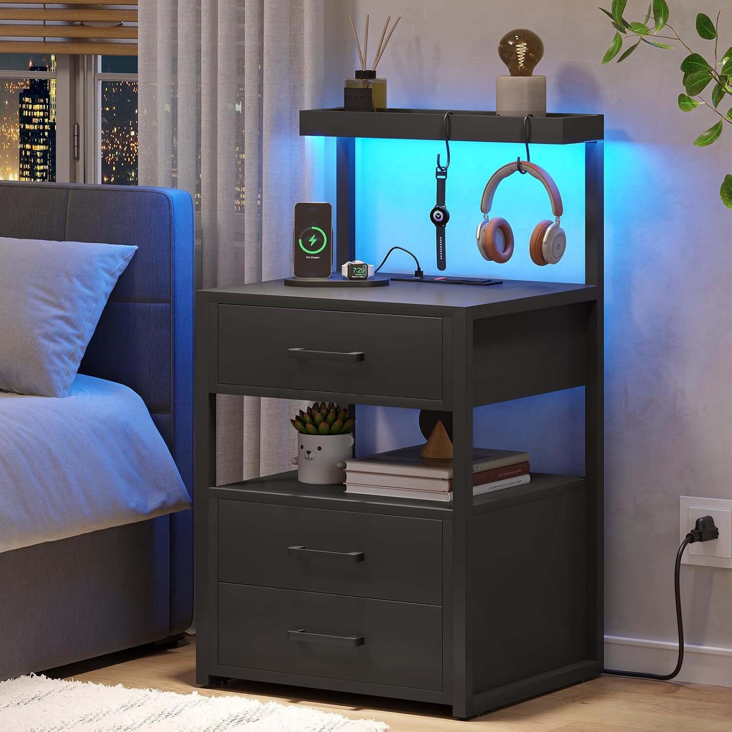 Led Nightstand with Charging Station, 3 Drawers Night Stand, Black Bedside Table
