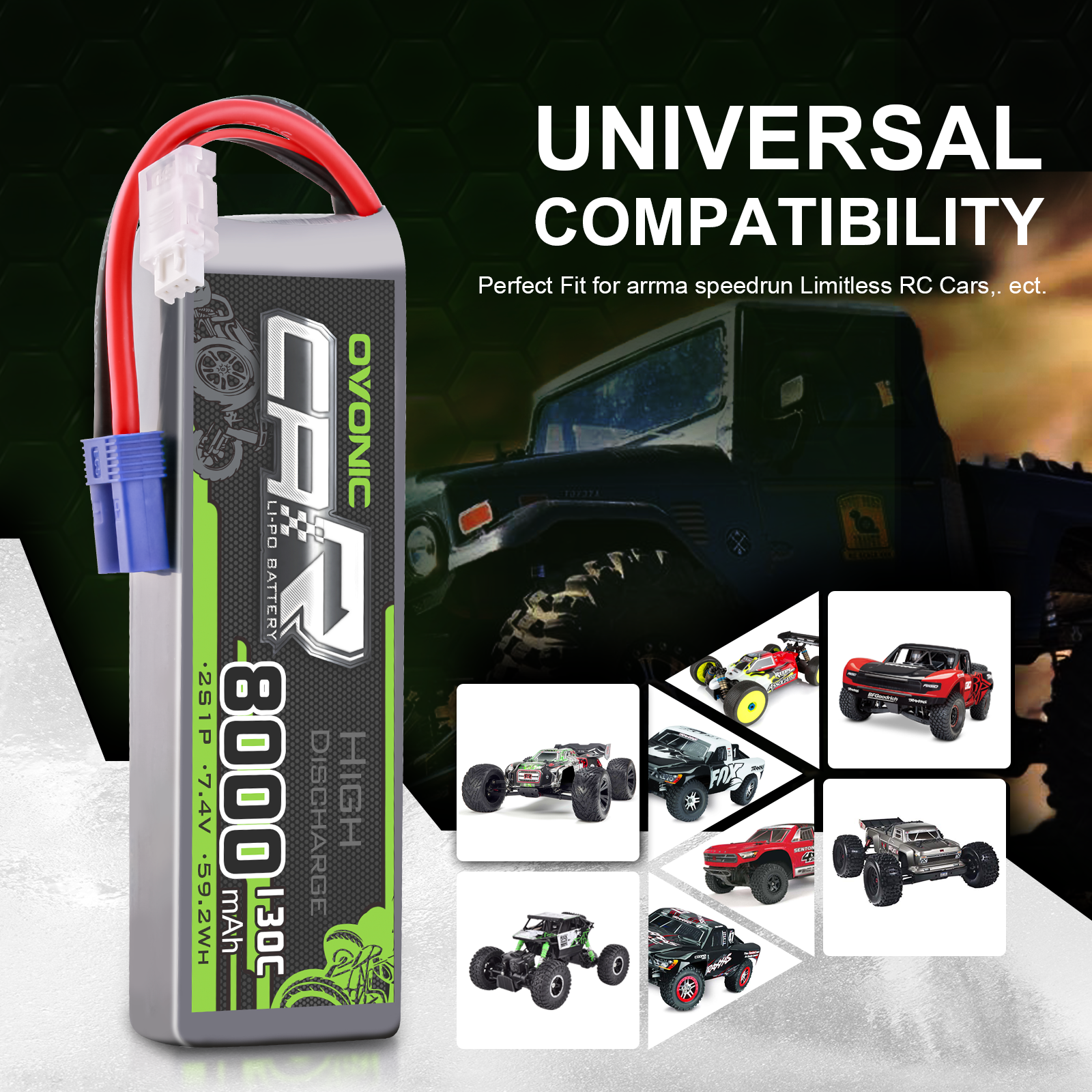 2X Ovonic 7.4V 130C 8000mAh 2S LiPo Battery with EC5 for RC Vehicle ARRMA Losi