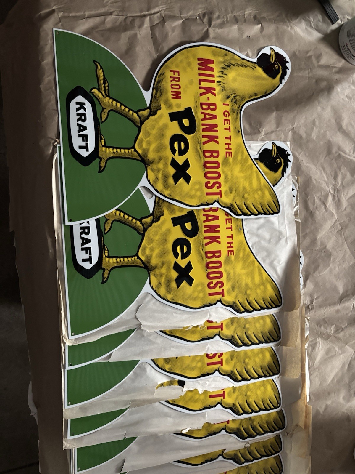 1950s Kraft Pex Chicken Feed Advertisement Tin Sign Milk Bank Boost Embossed 19"