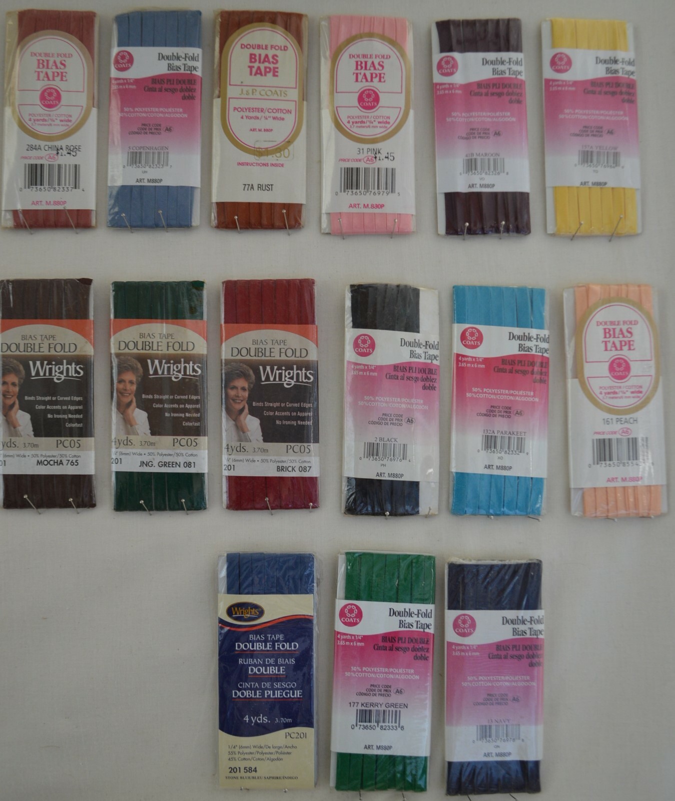 Wrights / C&C Double Fold Bias Tape - 1/4" w x 4yds - 49 great colors!