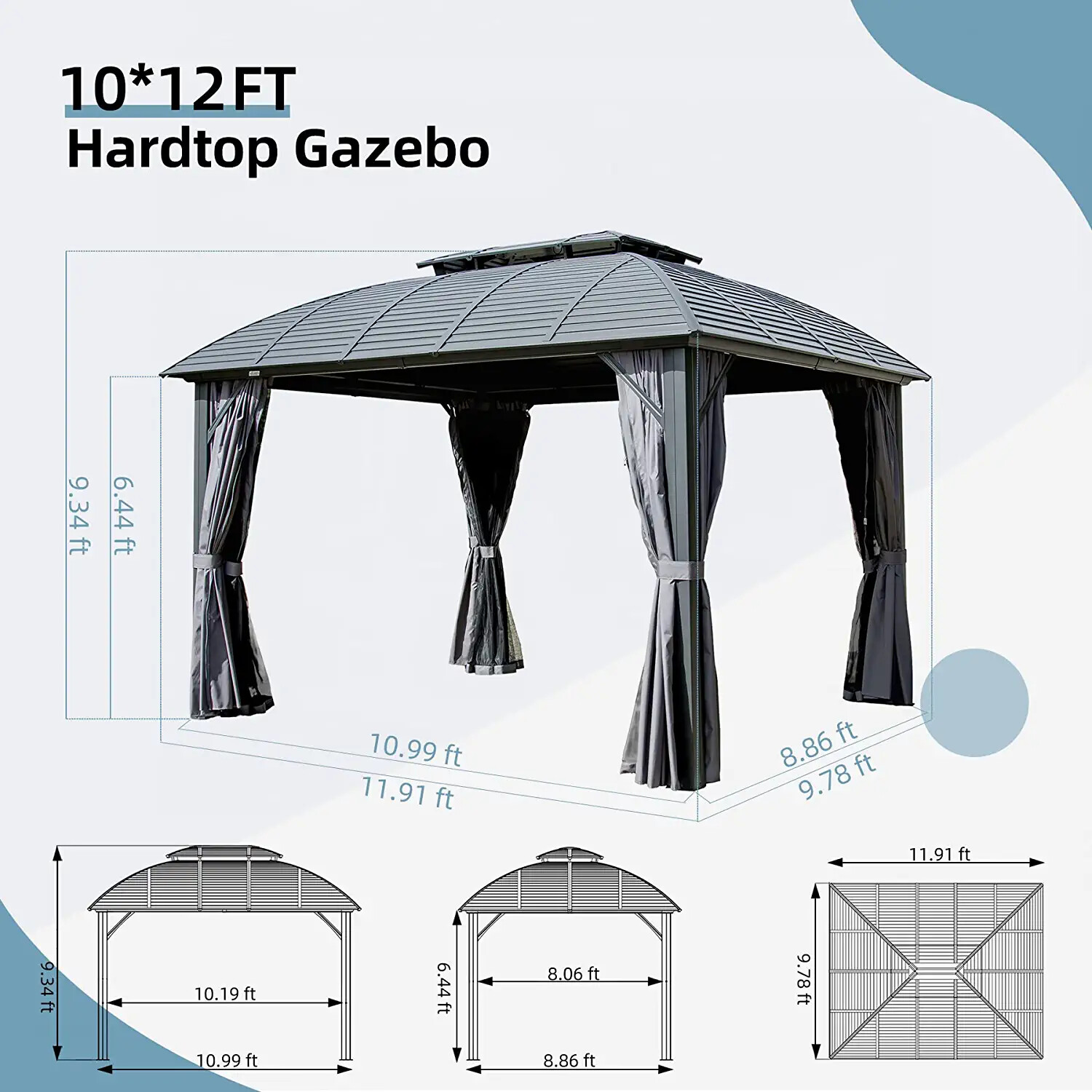 10' x 12' Hardtop Gazebo Outdoor Aluminum Arc Gazebo for Patios Double Roof