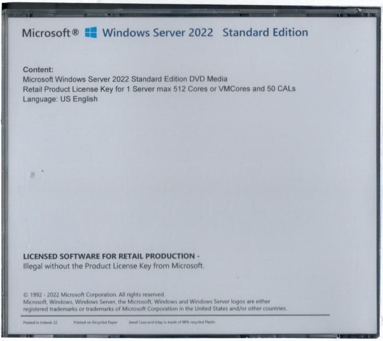 Windows Server 2022 Standard Edition with 50 CALs. Retail License, English.