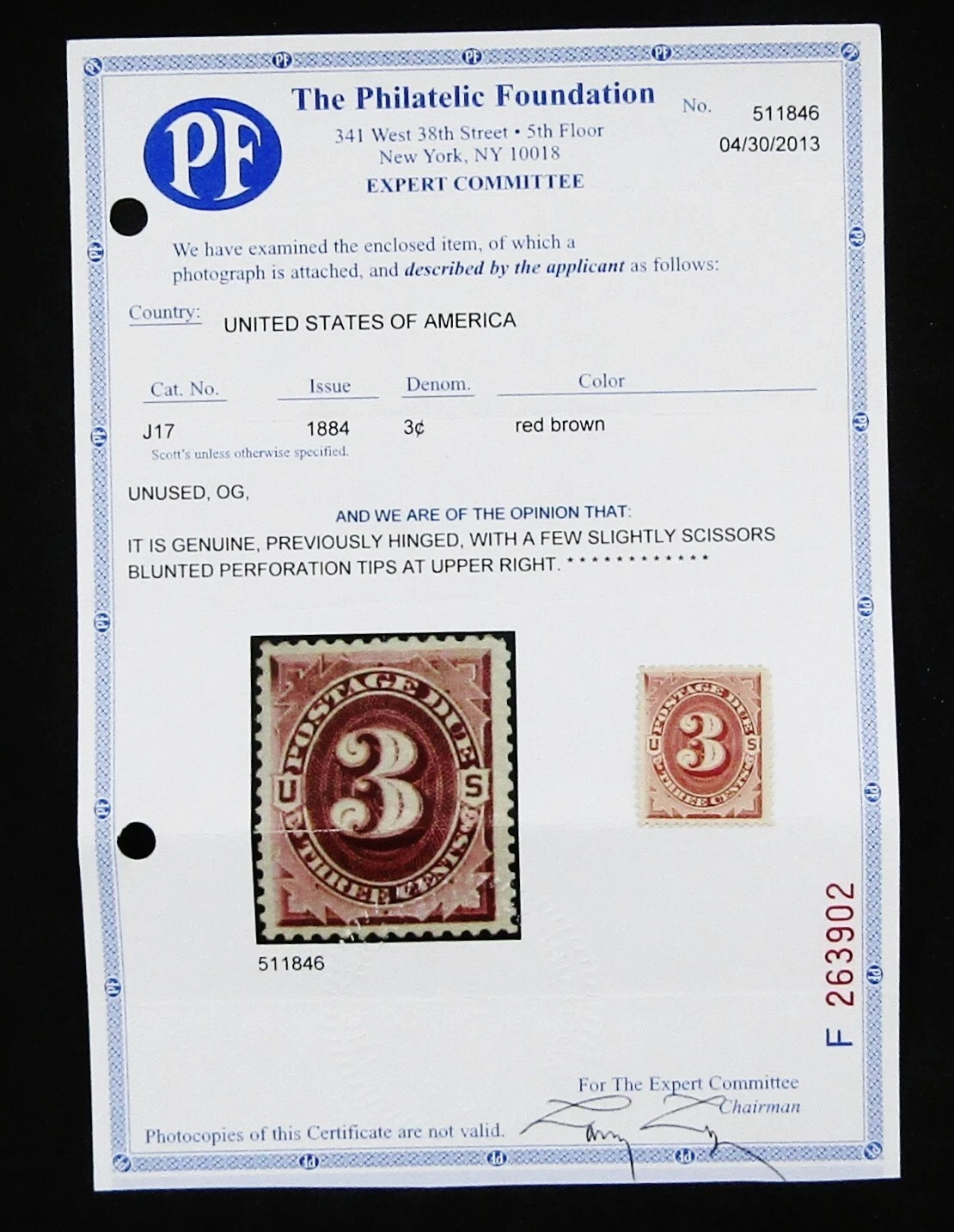 1884 US Postage Due Stamp, Scott#J17, PF Cert, Mint OG H CV $1,150