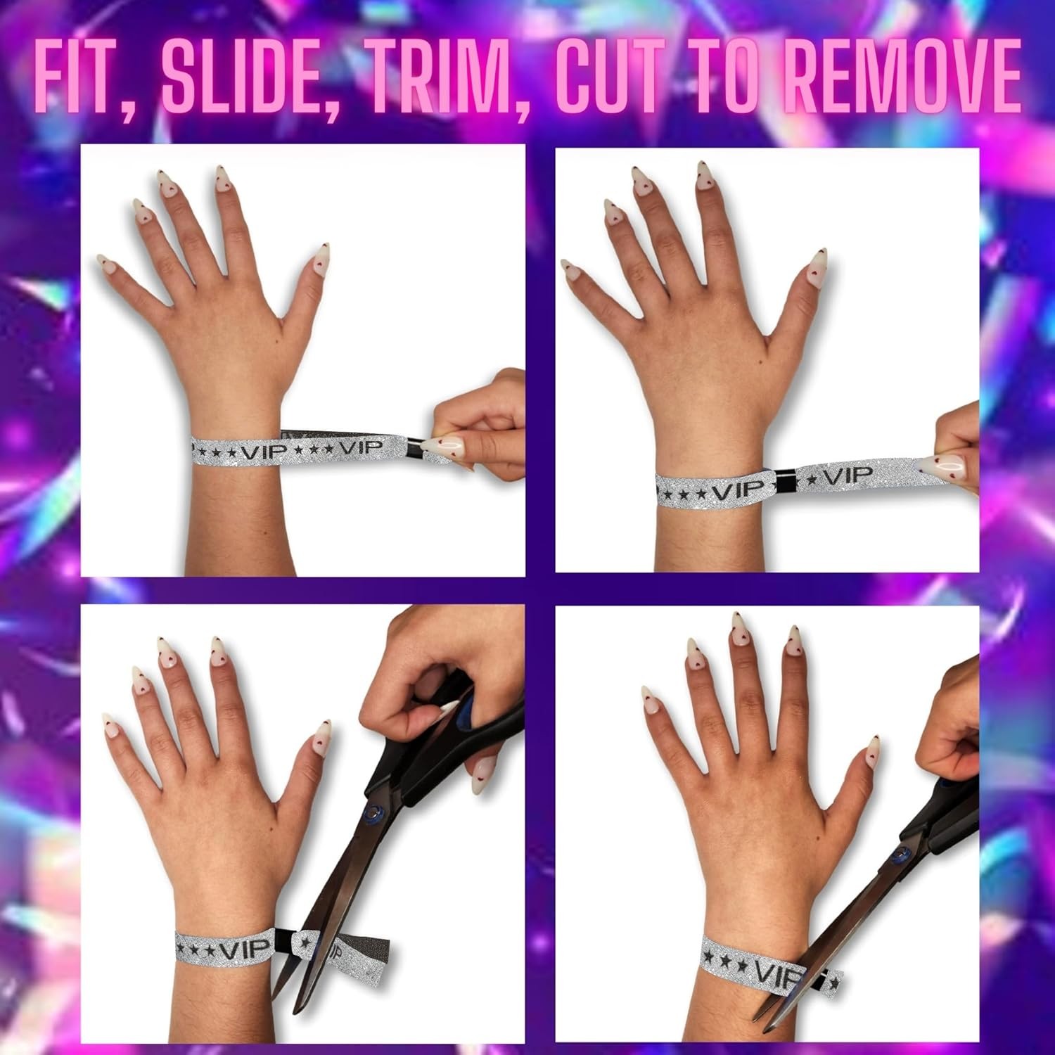 100 Pack Silver Sparkle VIP Party Wristbands with Secure Locking Clip. Must Have