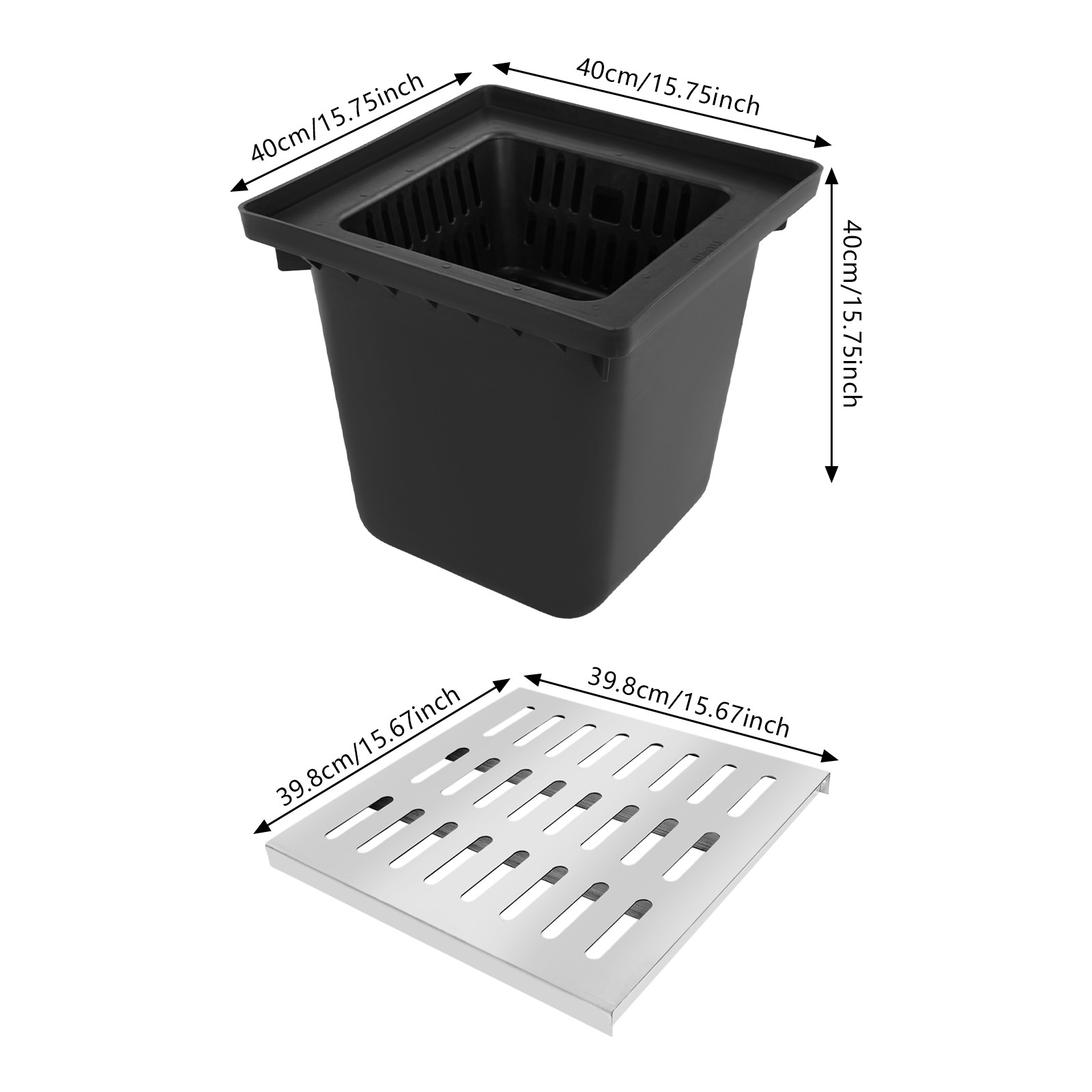 16 in. Square Catch Basin Kit with Silver Grate French Drain Basin for Drainage