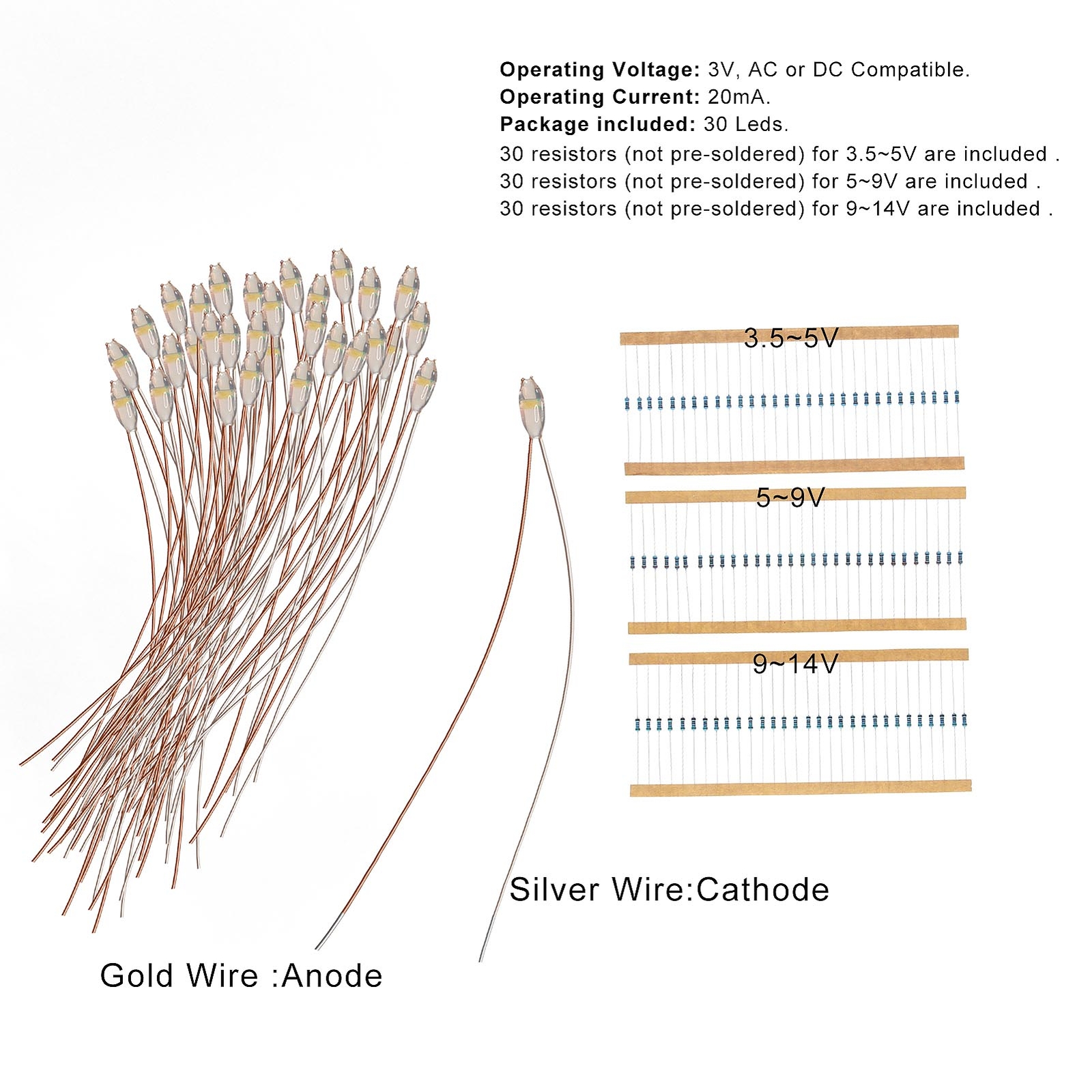 30pcs Pre-wired Micro Litz Wire SMD LED 0603 Warm Light Resin Cover Waterproof