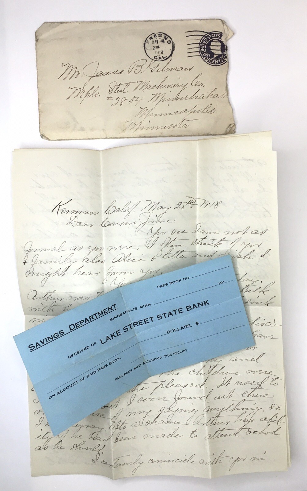 Antique 1918 Letter Origin California with Lake Street State Bank MN Reciept