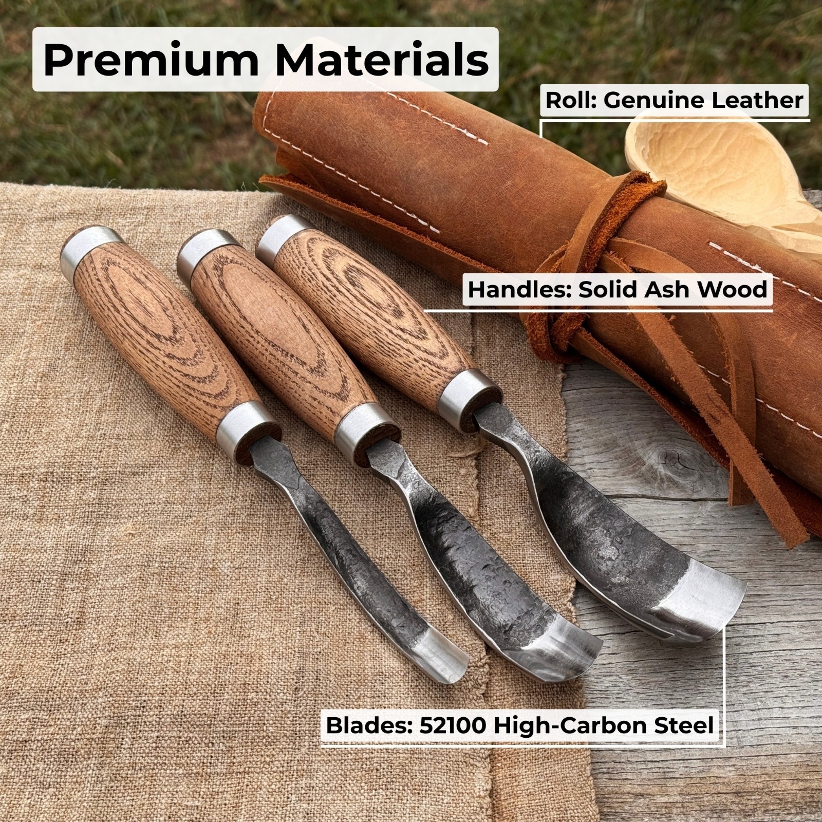 3 Piece Spoon Bent Gouge Set 52100 Carbon Steel Wood Carving Tools