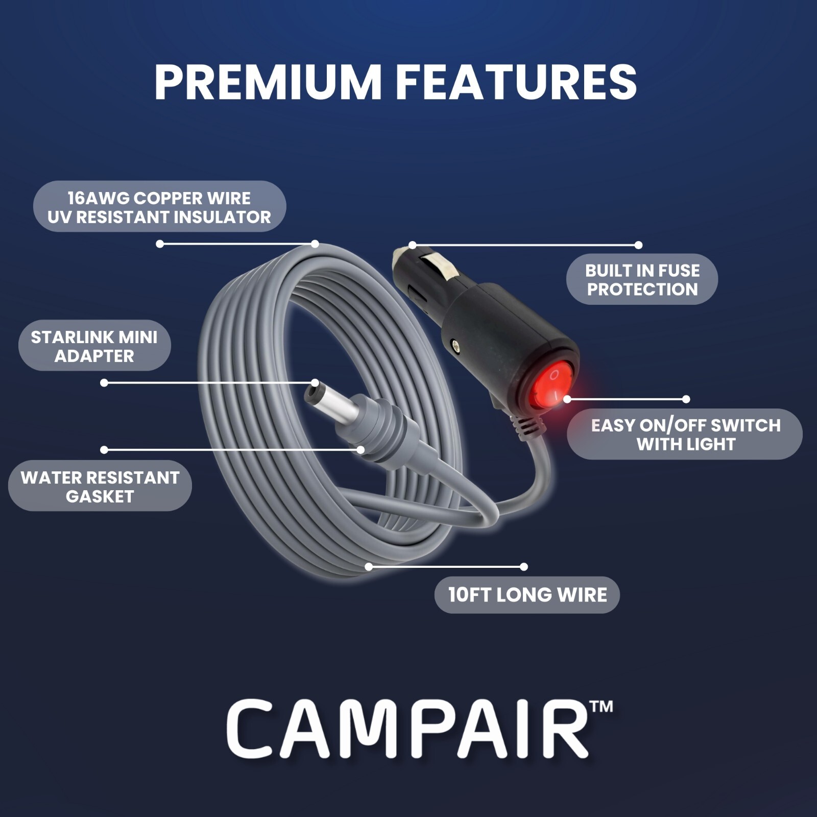 Starlink Mini 12V / 24V Power Car Adapter - 10FT - 16AWG Heavy Duty, With Switch
