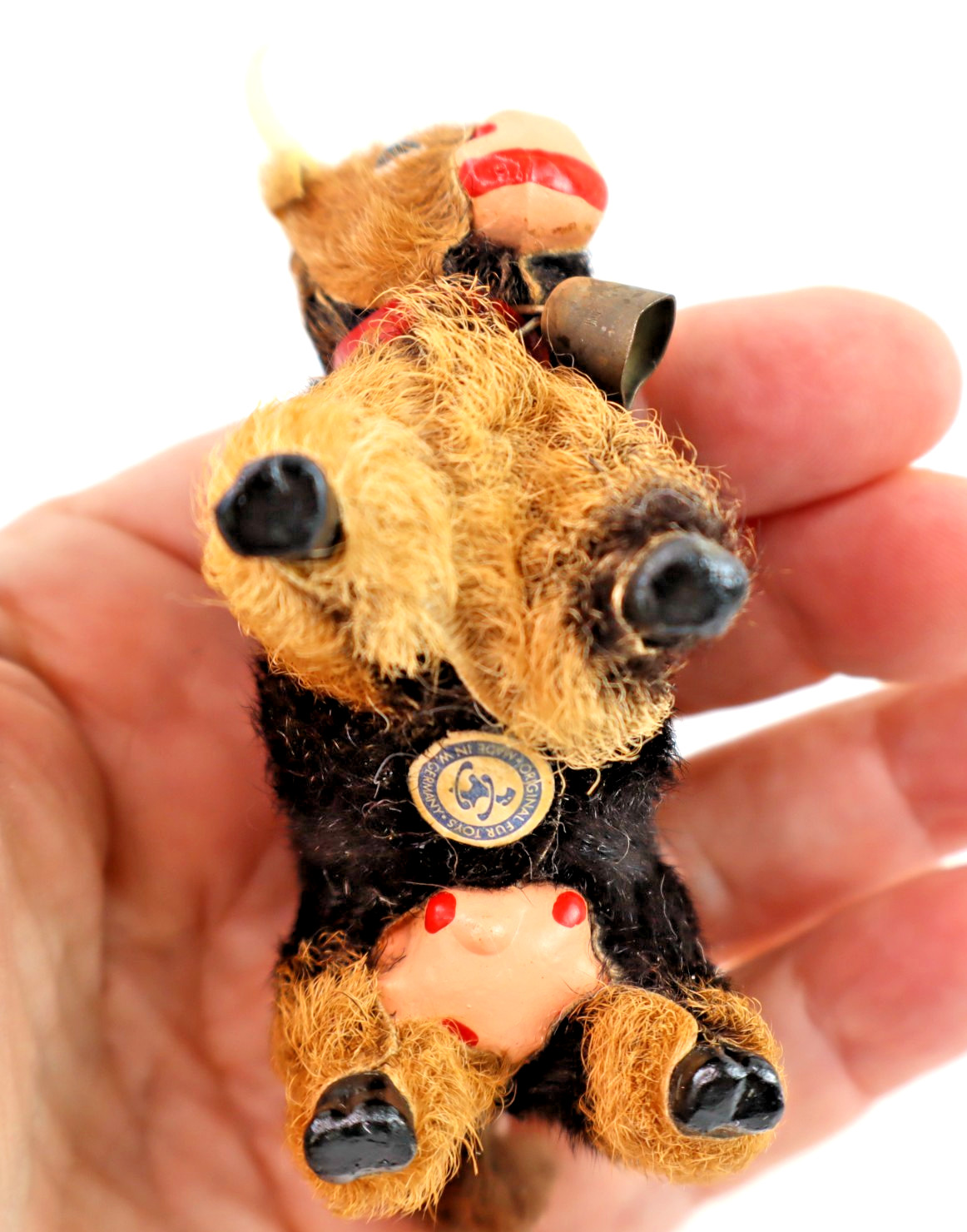 vintage Original Fur Toys miniature Cow Bull figure w/ tags bell W. Germany 3"