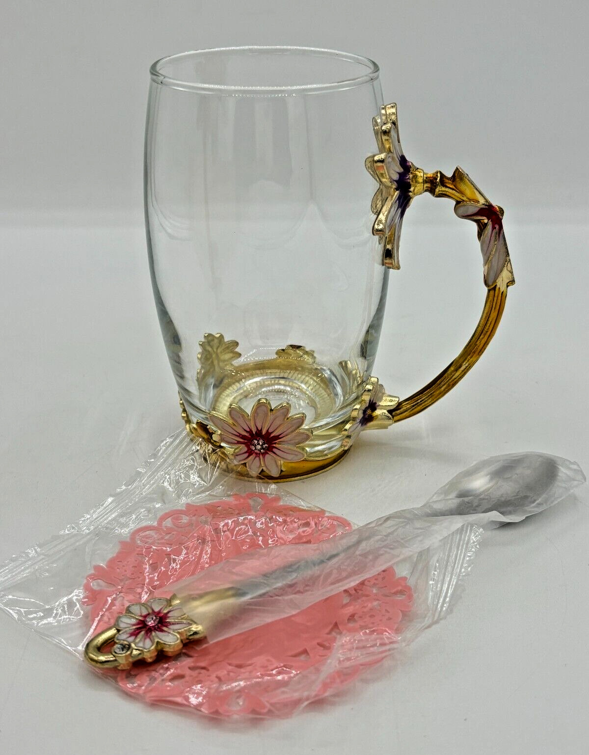 Luxury Glass 12oz Teacup Set Enamel Flower Handle and Base With Teaspoon Coaster