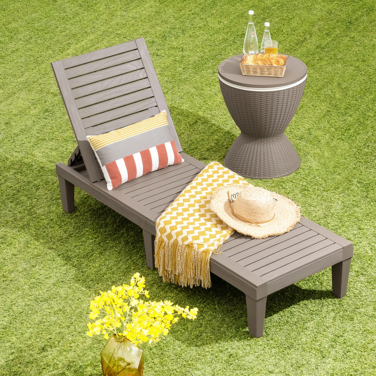 Patio Outdoor Chaise Lounge Chair Recliner W/ Adjustable Backrest Brown