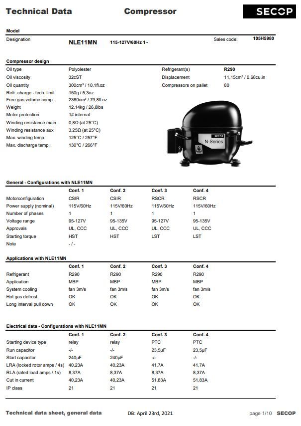 Secop NLE11MN R290 Refrigeration Compressor 4167 BTU MBP 115V 60 Hz 1/2HP