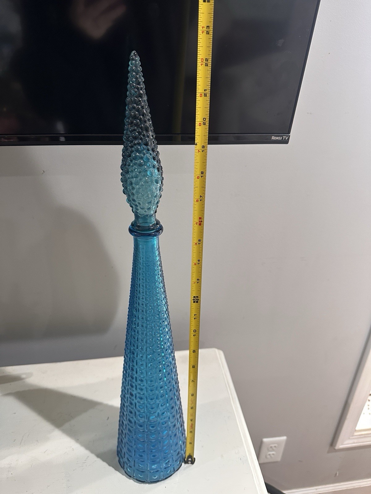 Vintage 1960s Italian Empoli Blue Glass Aztec Hobnail Genie Bottle, Decanter.