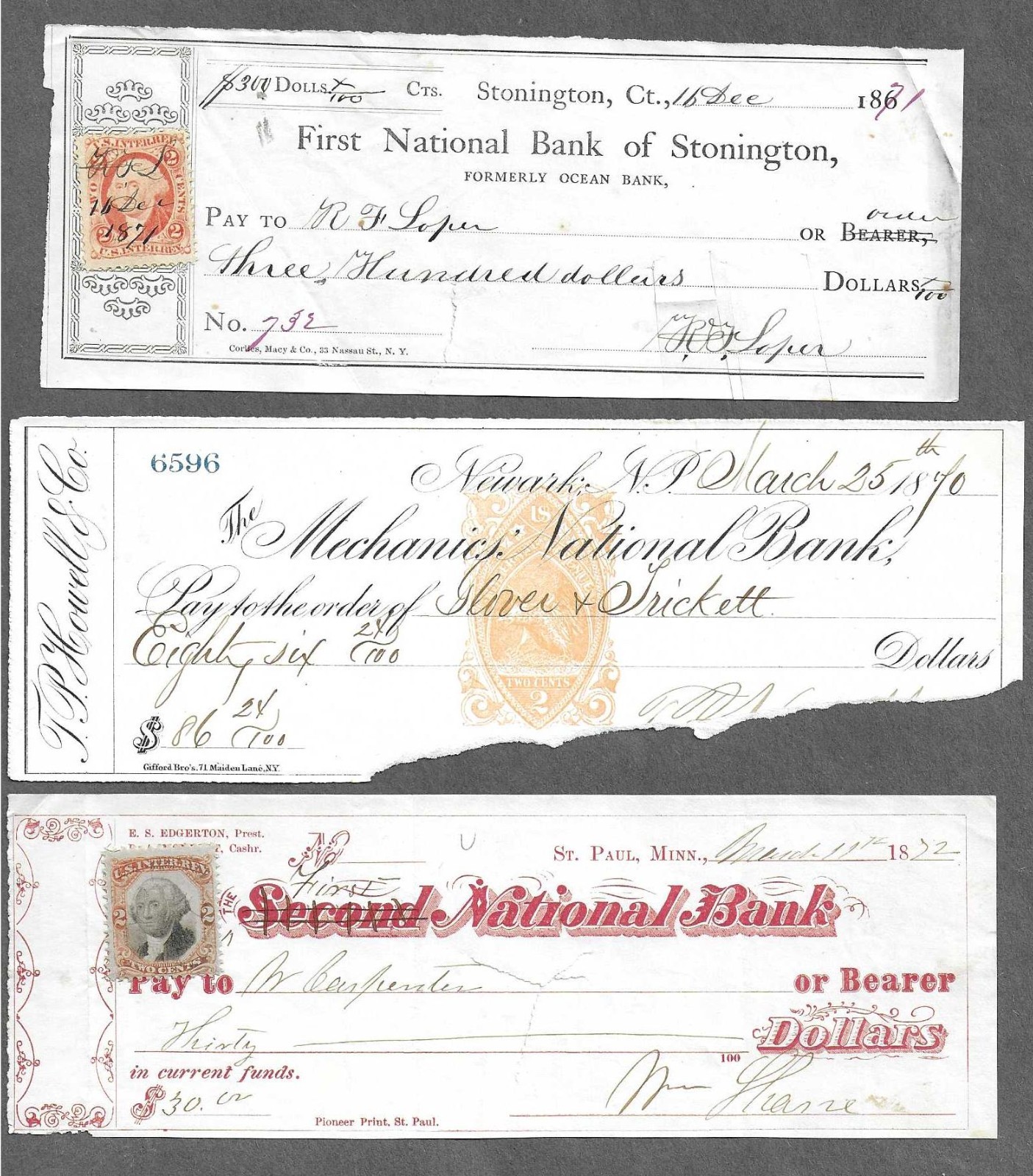 3 Bank Checks 1870-1872
