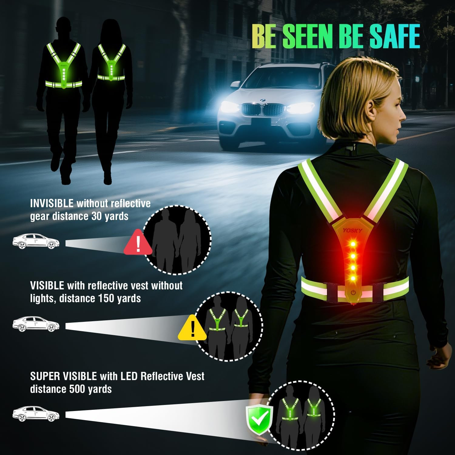 8 LED Running Reflective Gear Rechargeable Adjustable Running Lights Vest Safety