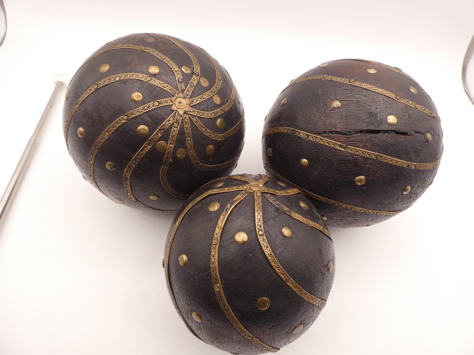 3 Vintage Wooden Ball With Embossed Brass Early 20th C. 5” & 4'' Width