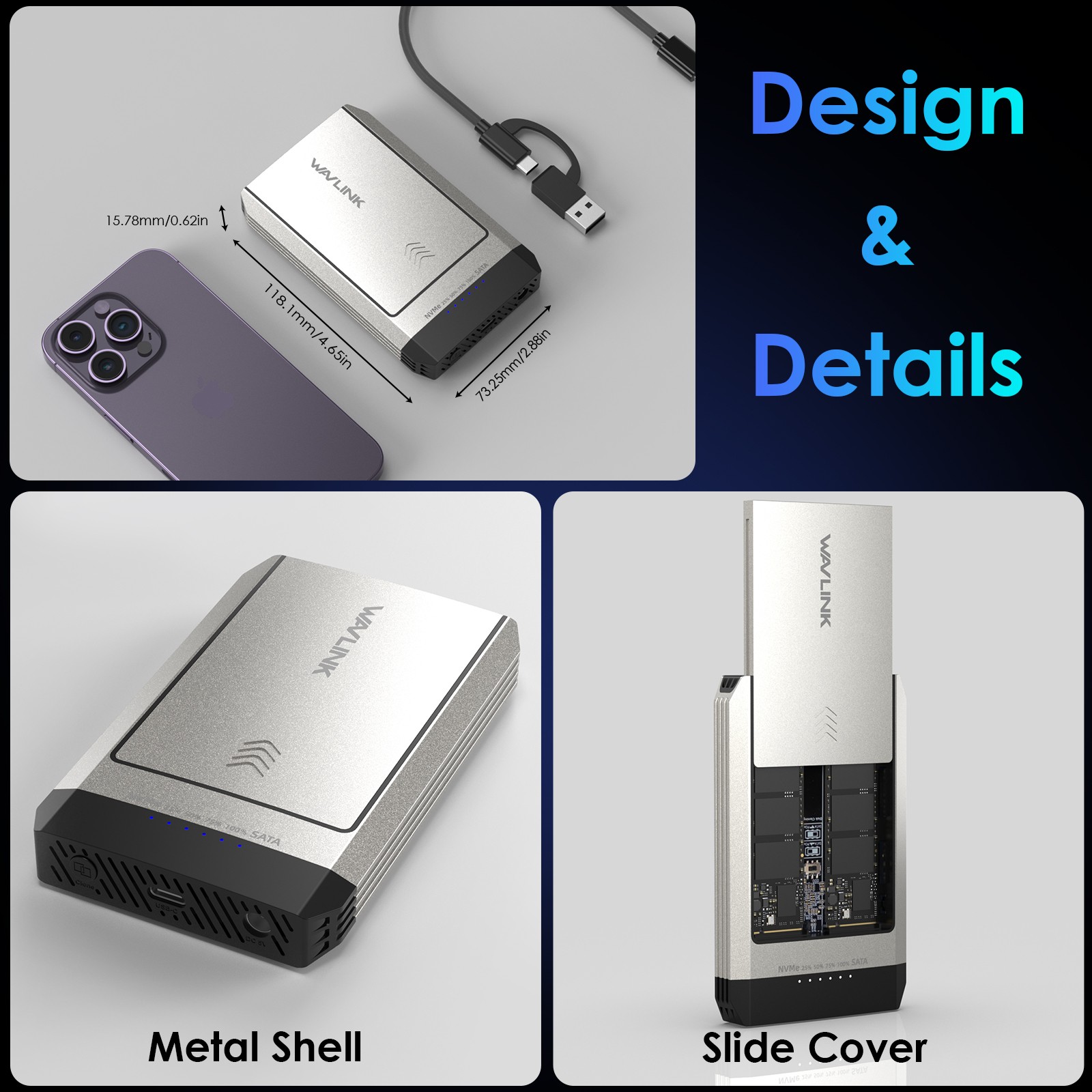 Dual-Bay Offline Clone M.2 SSD NVMe Cloner 10Gbps USB-C Hard Drives Enclosure